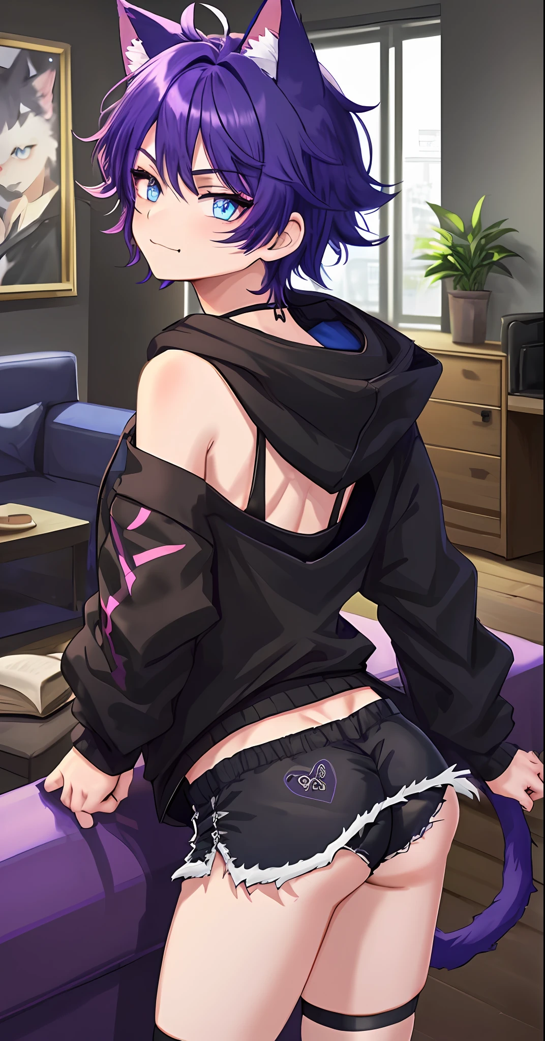 ((1boy)), sharp cat ears, fluffy cat tail, dark purple short messy hair, black hoodie, booty shorts, vibrant blue eyes, black thigh highs, masterpiece, good quality, butt facing the viewer, looking behind, smug, slightly nsfw, has a big butt and big thighs, living room setting, teasing