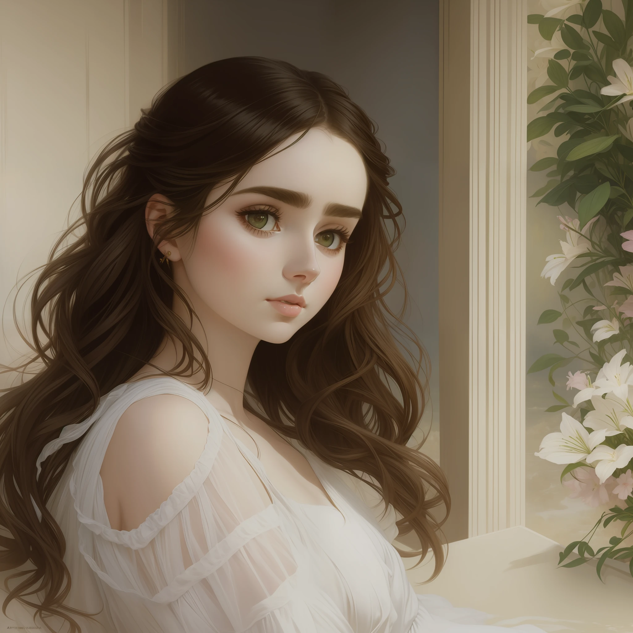 Arafed portrait of Lily Collins wavy hair in a white dress sitting on a ledge, Kramskoi 4 K, Albert Lynch, Artgerm and William Bouguereau, beautiful painting, Murata range Jeremy Lipking, Charles Sillem Lidderdale, portrait Romanticism, Kramskoi, Jeremy Lipking, Herbert James Draper