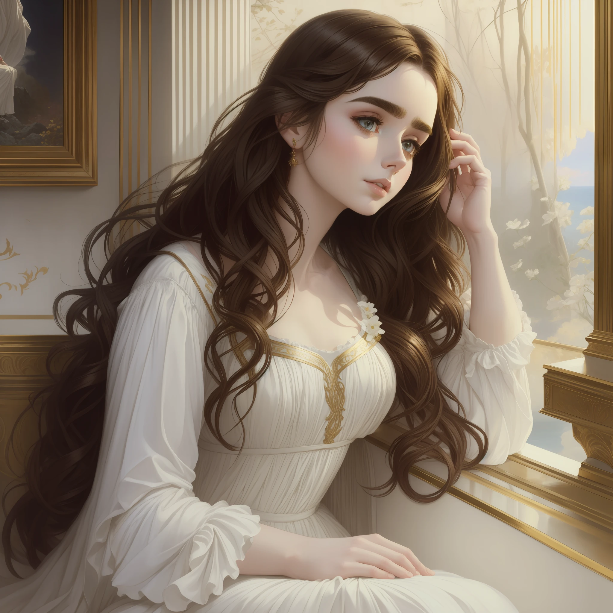 Arafed portrait of Lily Collins wavy hair in a white dress sitting on a ledge, Kramskoi 4 K, Albert Lynch, Artgerm and William Bouguereau, beautiful painting, Murata range Jeremy Lipking, Charles Sillem Lidderdale, portrait Romanticism, Kramskoi, Jeremy Lipking, Herbert James Draper