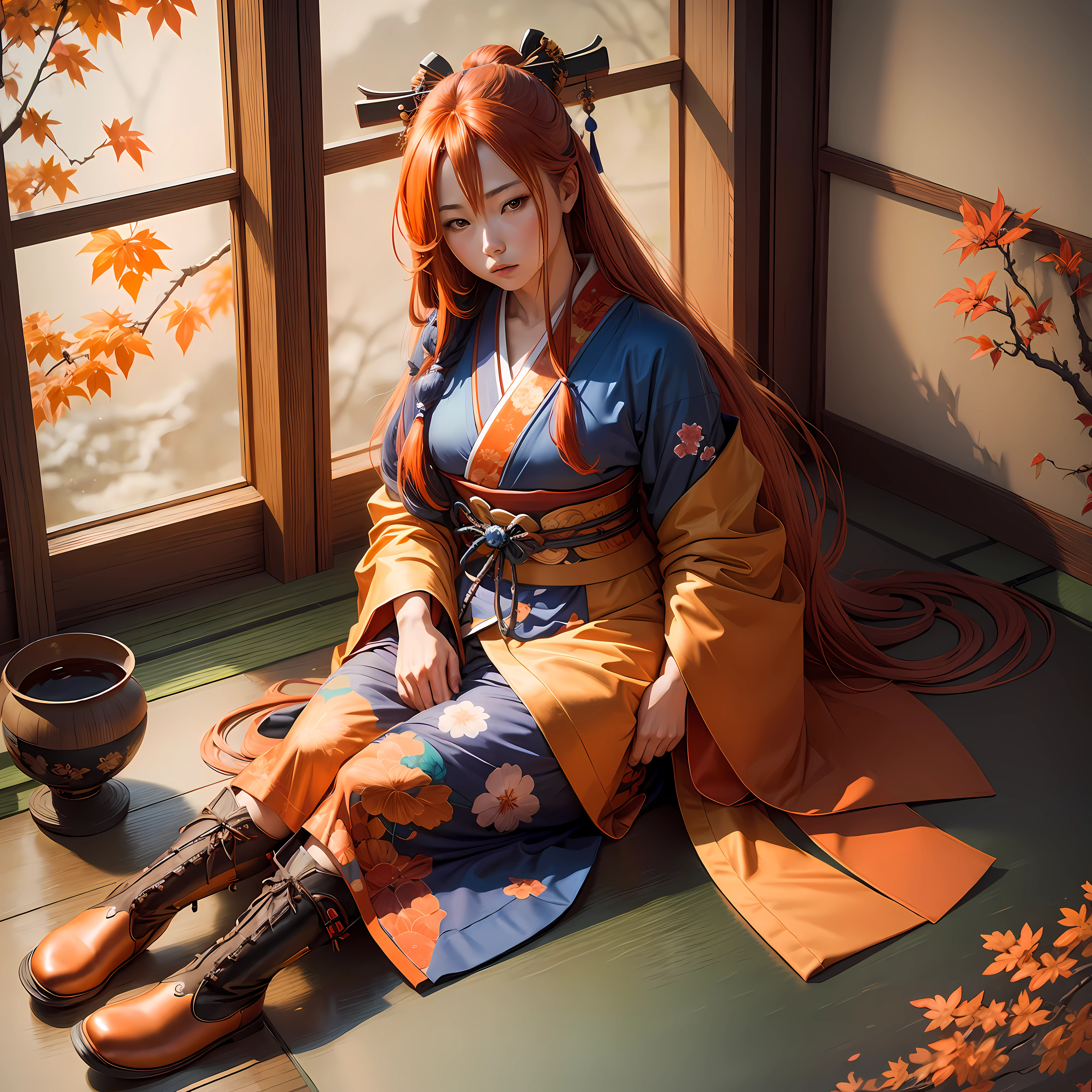 japanese,long hair orange,blue kimono,japanese room,japan,sitting,boot,with flowing hair, hyper realistic, masterpiece, photorealistic, --auto --s2