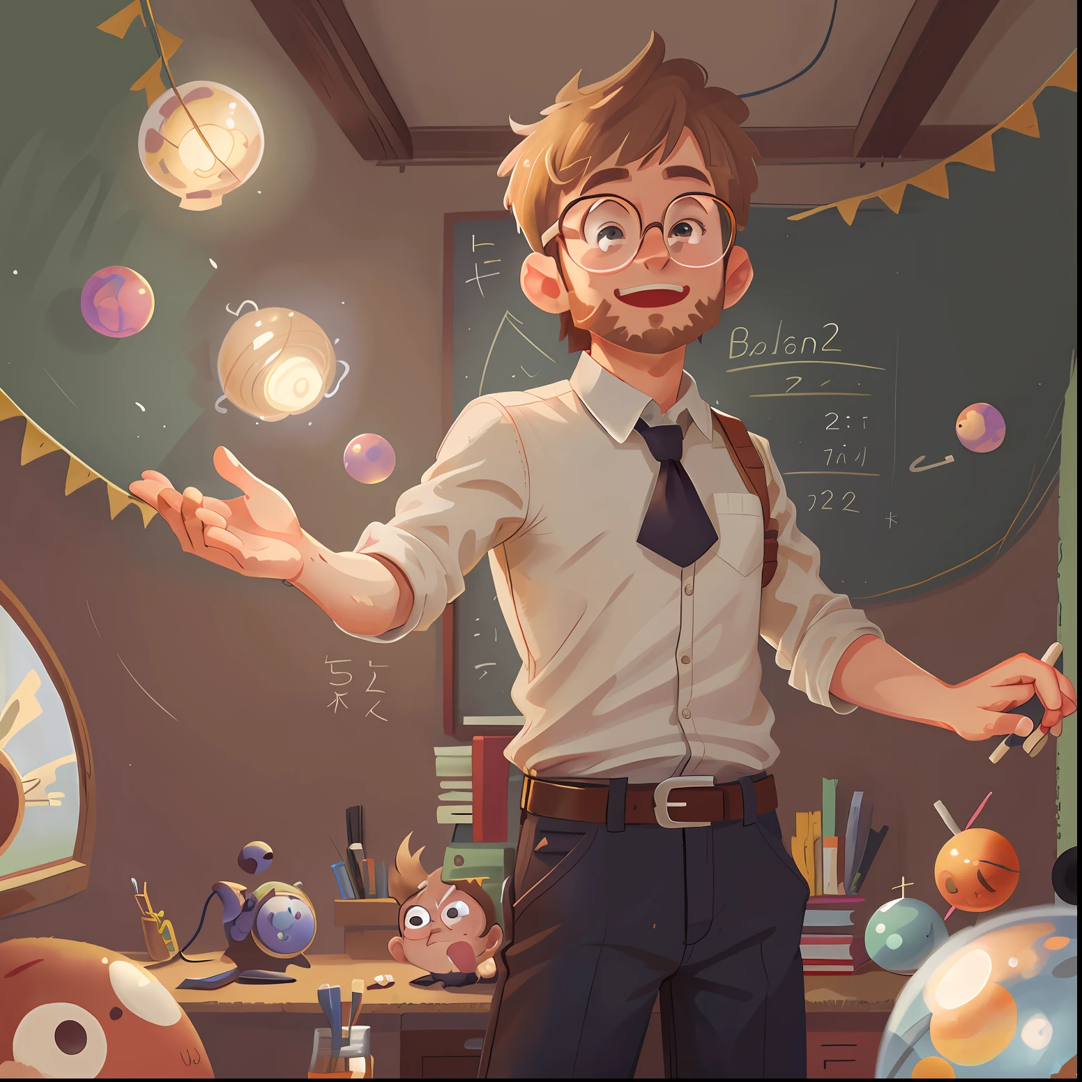 1Young, whole body, solo, man, Sherman, brown blonde hair, thin, high tied hair, glasses, little beard, white shirt, black long pants, teacher, physics, floating planets, planet in hand, happy, happy, perfect quality, clear focus (clutter - house: 0.8), (masterpiece: 1.2) (realistic: 1.2) (bokeh) (best quality) (detailed skin: 1.3) (intricate details) (8K) (detail eyes) (sharp focus), (happy) ((masterpiece, best quality)),(complex light),