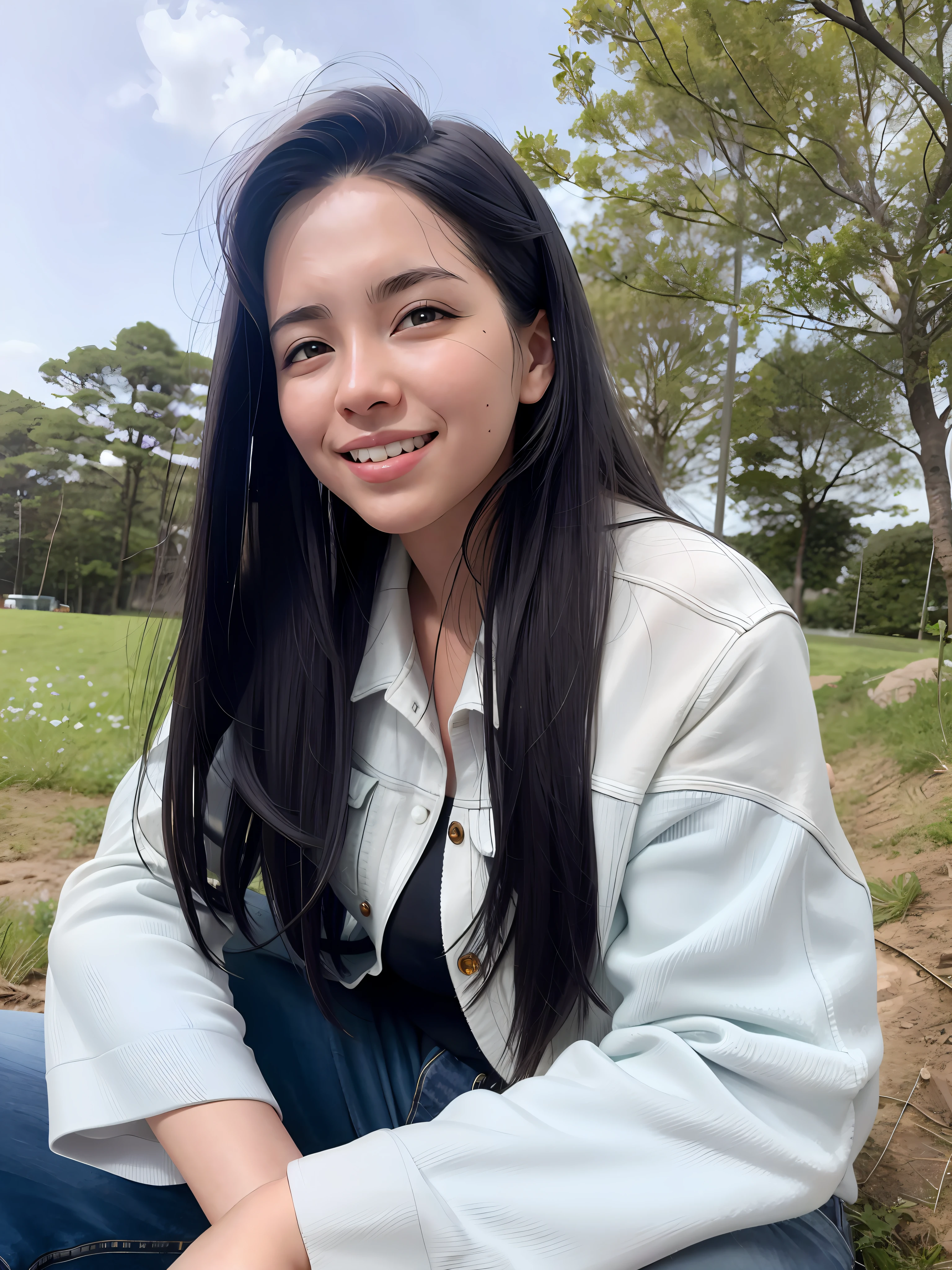 Woman sitting on the ground in a field, a young woman, with round face, sexy black haired girl