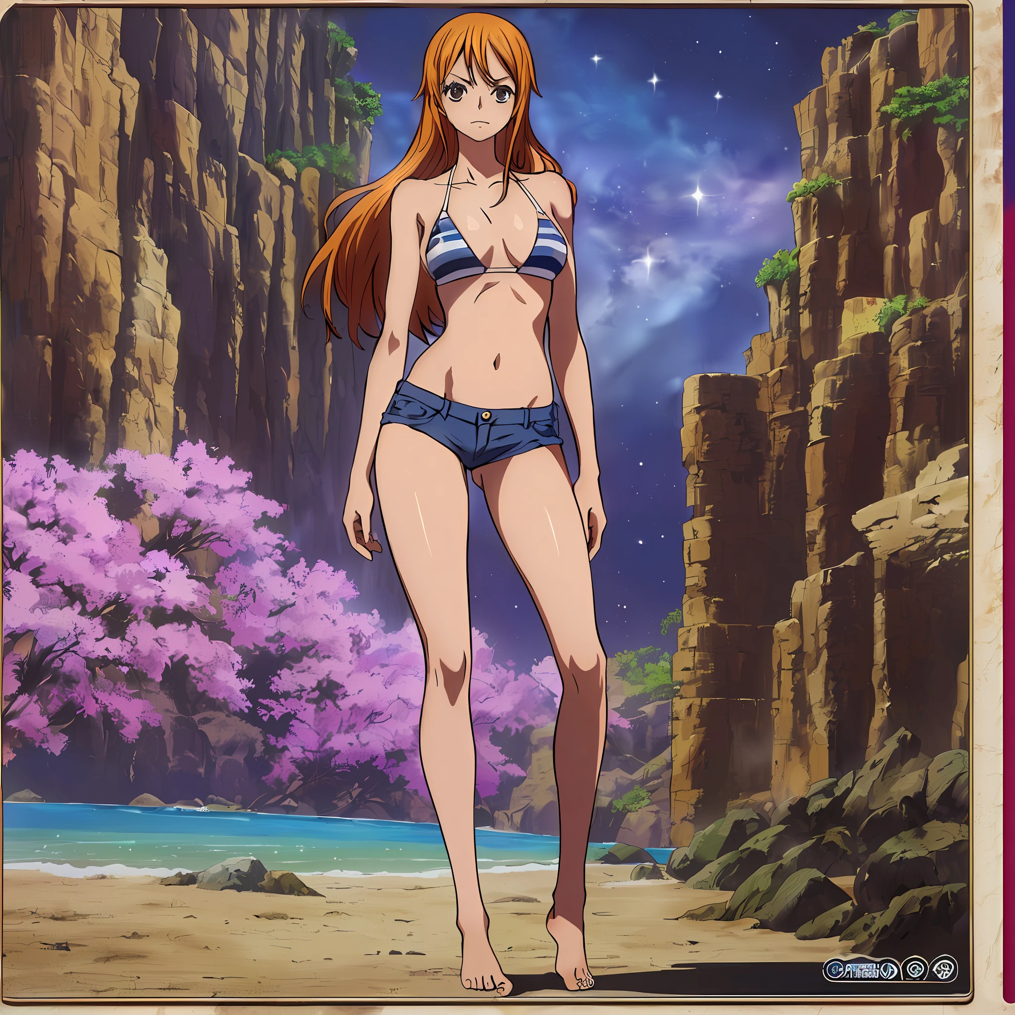 Best Quality, Ultra Quality, High Quality, 8K, Nami, 1 Girl, Full Body, Beautiful Long Leg, Slim Body, Barefoot, Bare Arms, Bare Shoulders, Big, Big, Standing, Tall, 8 Heads, Skinny, Emaciated, Thin, Model Figure, Micro Bikini : 1.4), Eiichiro Oda, official art, space background, seductive and sexy, (((character sheet)), concept art