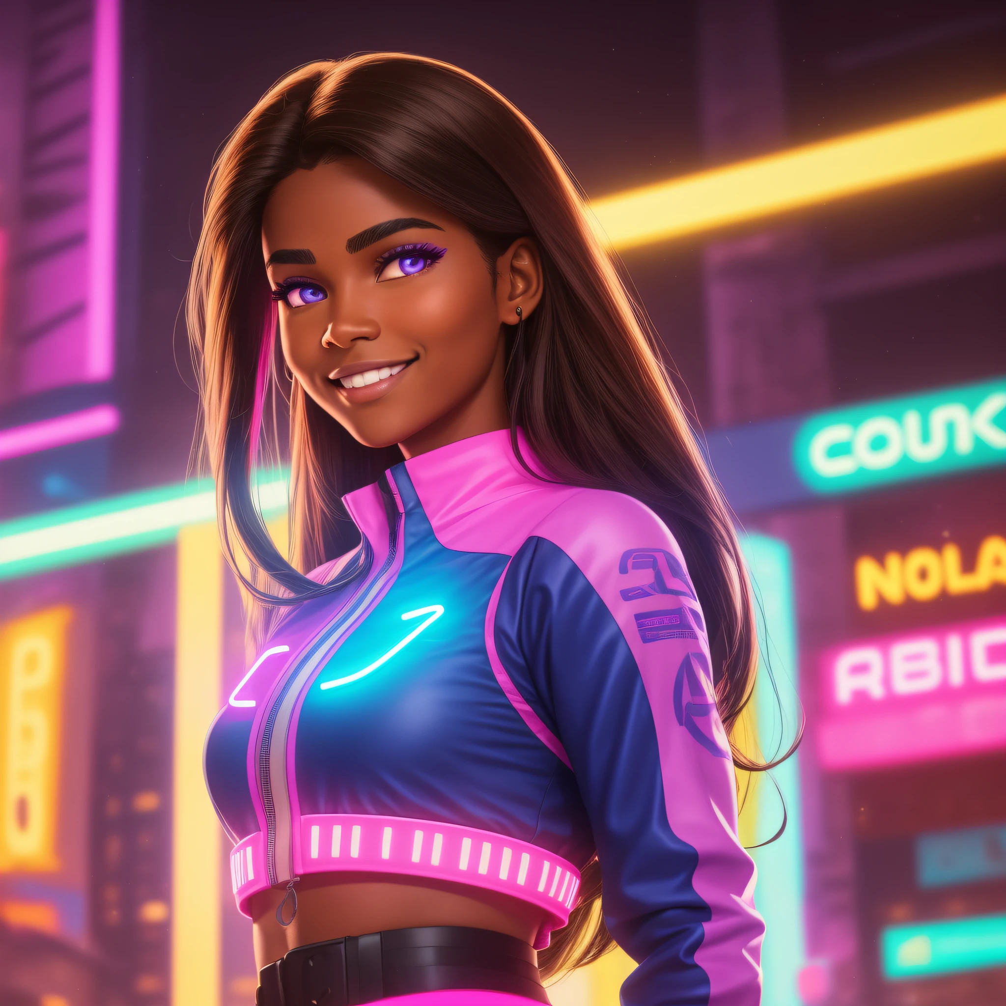 (masterpiece, 8k, high quality) Photograph of the face of the character Pocahontas, brown skin color. straight hair, brown hair, disguised smile, rounded chin, quixo's dimple, scratchy left eyebrow. neon lights. Setting in Cyberpunk Neon. digital art. Colors focused on neon blue, neon pink and neon purple. futurism.