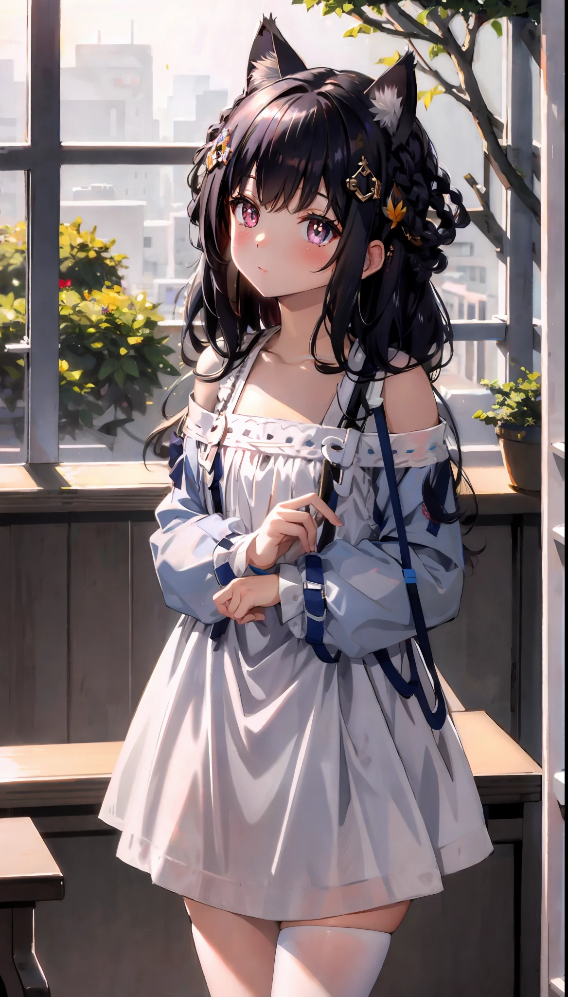 (masterpiece, high quality, highres,Highest picture quality),
BREAK
blurry background, (colorful:0.7), (eyes focus:1.2), looking at viewer, upper_body, fisheye, (indoors:1.1), cuteg, warm light, cute cat ears,
BREAK
1loli, standing, solo, ^ ^, (leaning_forward:1.1), arms_behind_back, (wide-eyed:1.1), head_tilt, bare shoulders, small breasts, long eyelashes, collarbone, (blush:0.95),
BREAK
shiny skin, shiny hair,(bright pupils:1.1),Curious,detailed eyes,hair ornament, long hair, two side up hair,white hair, upskirt, shiny eyes,