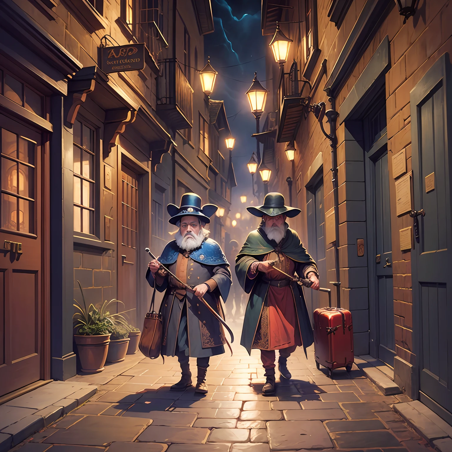 Detailed illustration of the Luggage from Discworld, standing in a dark alleyway, glowing red eyes, intricate, highly detailed, digital painting, art by Paul Kidby and Josh Kirby --auto --s2