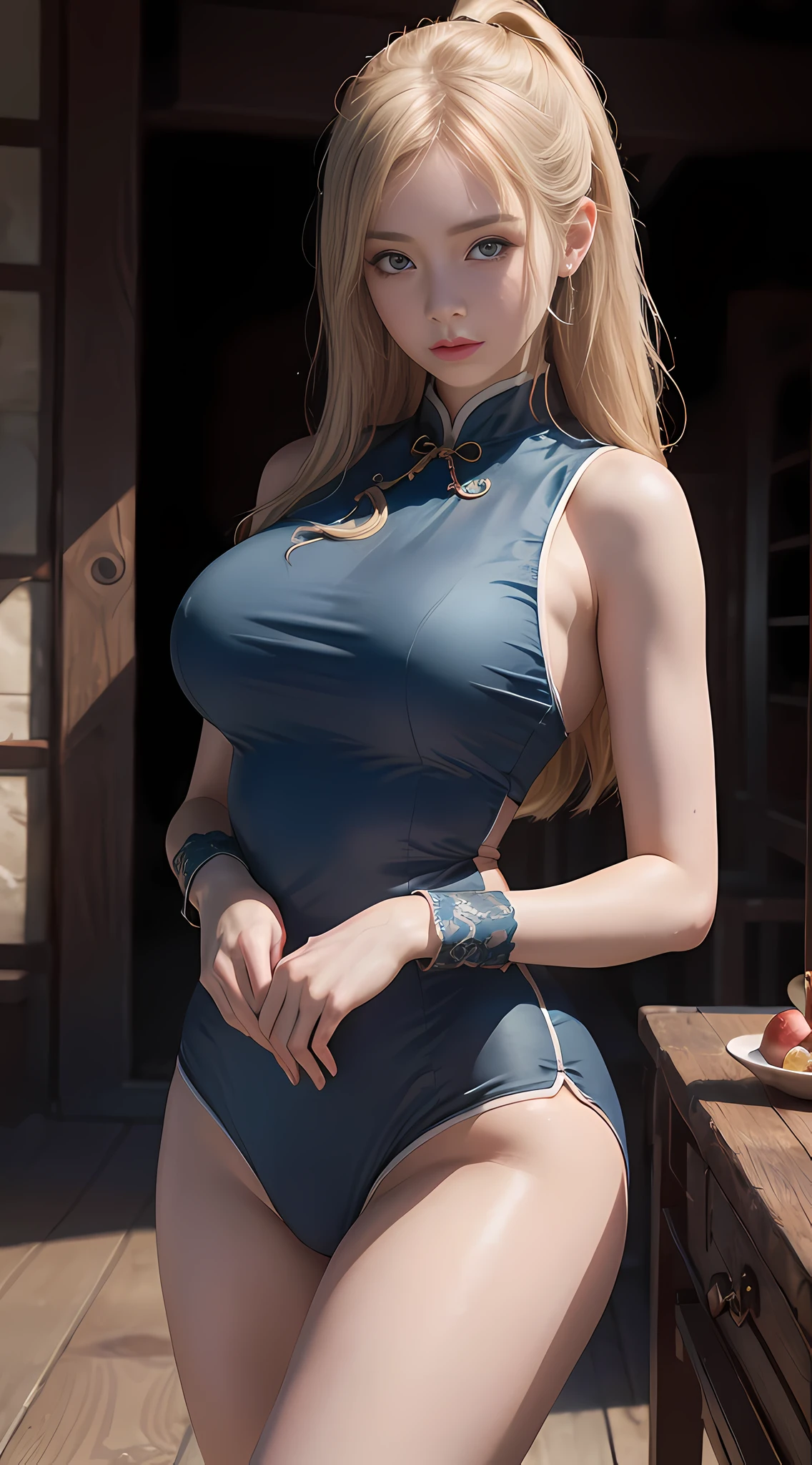 (1girl:1.3), solo, __body parts__ realistic skin, pale skin, huge breasts, official art, unified 8k wallpaper, super detailed, beauty and aesthetics, beauty, masterpiece, best quality, in premium gym, fantastic atmosphere, calm color palette, peaceful mood, soft shadows, cute girl, cheongsam yoga clothes, charm, seduction, sexy figure