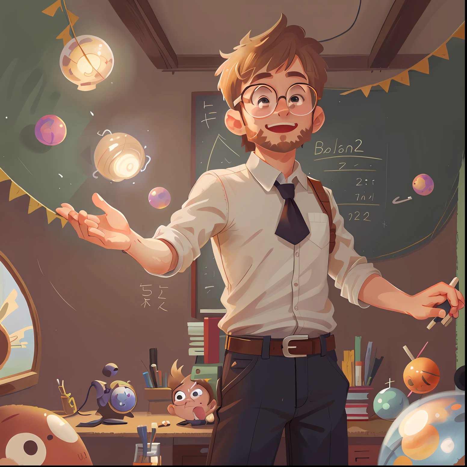 ung, whole body, solo, man, Sherman, brown blonde hair, thin, high tied hair, glasses, little beard, white shirt, black long pants, teacher, physics, floating planets, planet in hand, happy, happy, perfect quality, clear focus (clutter - house: 0.8), (masterpiece: 1.2) (realistic: 1.2) (bokeh) (best quality) (detailed skin: 1.3) (intricate details) (8K) (detail eyes) (sharp focus), (happy) ((masterpiece, best quality)),(complex light),