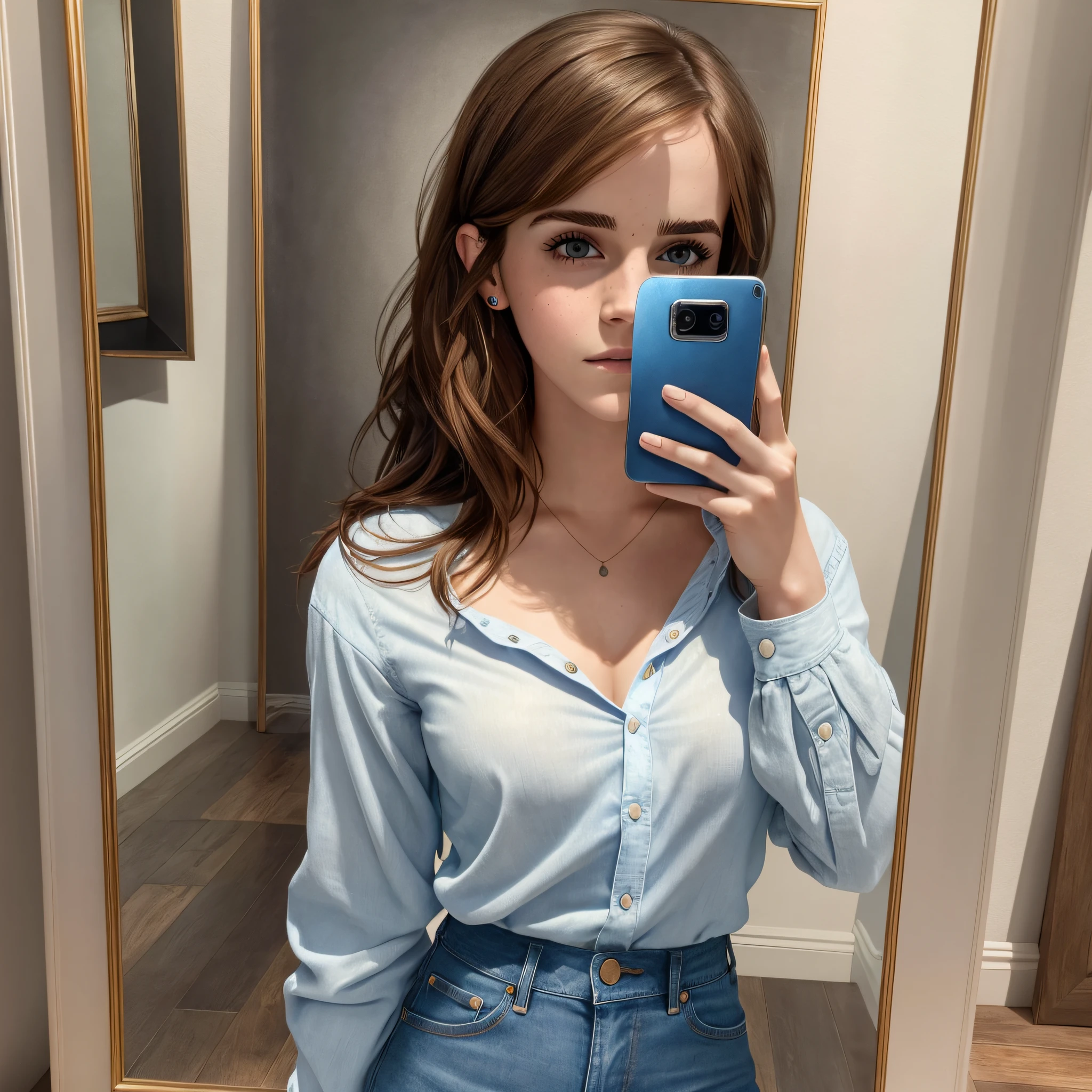Emma Watson wearing a blue shirt and blue jeans, (25 years old), brown eyes, brunette hair, hyper realistic, 4k, masterpiece, beautiful, facing the viewer, headshot, ((white skin)), neckline, mirror selfie, maximum details --auto --s2