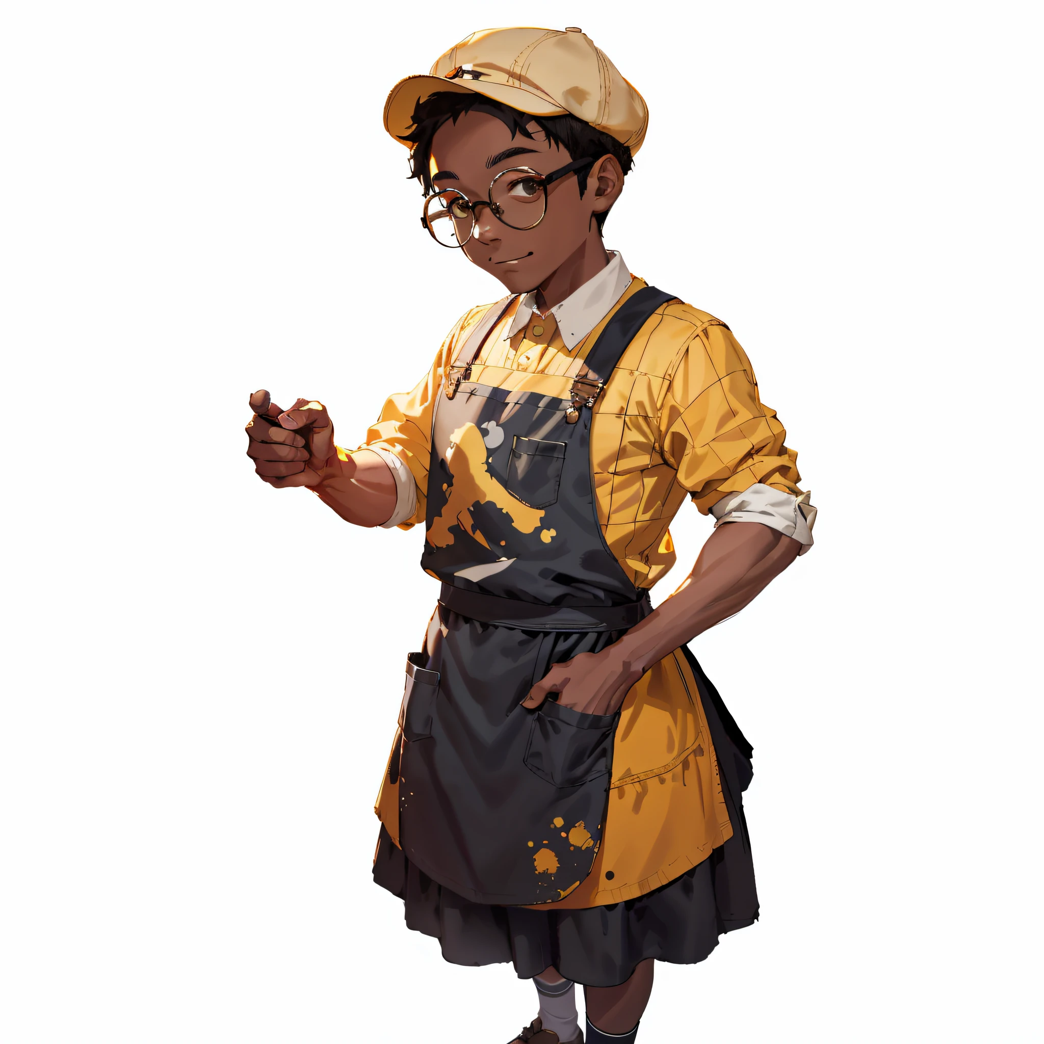 A black boy, round glasses, apron, painter, cap, painting, happy, perfect quality, clear focus (clutter - house: 0.8), (masterpiece: 1.2) (realistic: 1.2)(best quality) (detailed skin: 1.3) (intricate details) (8K) (detail eyes) (sharp focus), full body, character concept., yellow clothing, 2d, in the background of monalisa frame