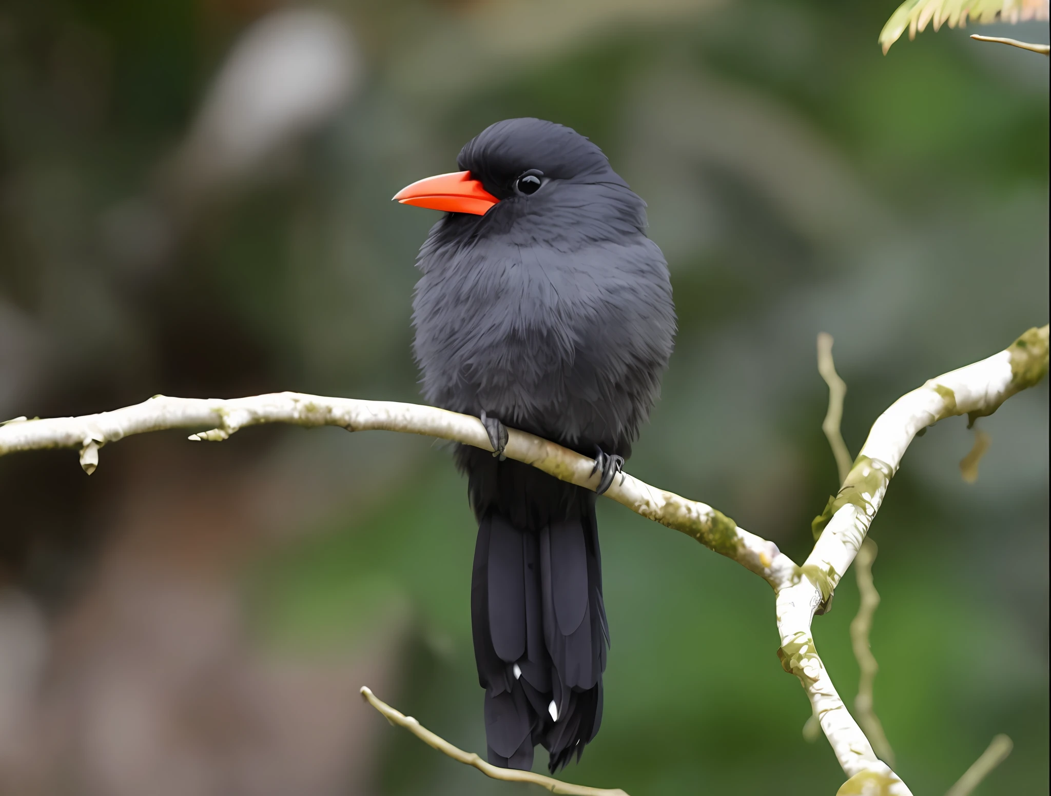 there is a small bird sitting on a branch of a tree, long and thick bright red beak, rare bird in the jungle, smooth-chinged, young male, looking menacing, a broad shoulder, unusual beauty, proud look away, black sokkel, Peruvian look, by Dietmar Damerau, male, perched on a mossy branch, proud look