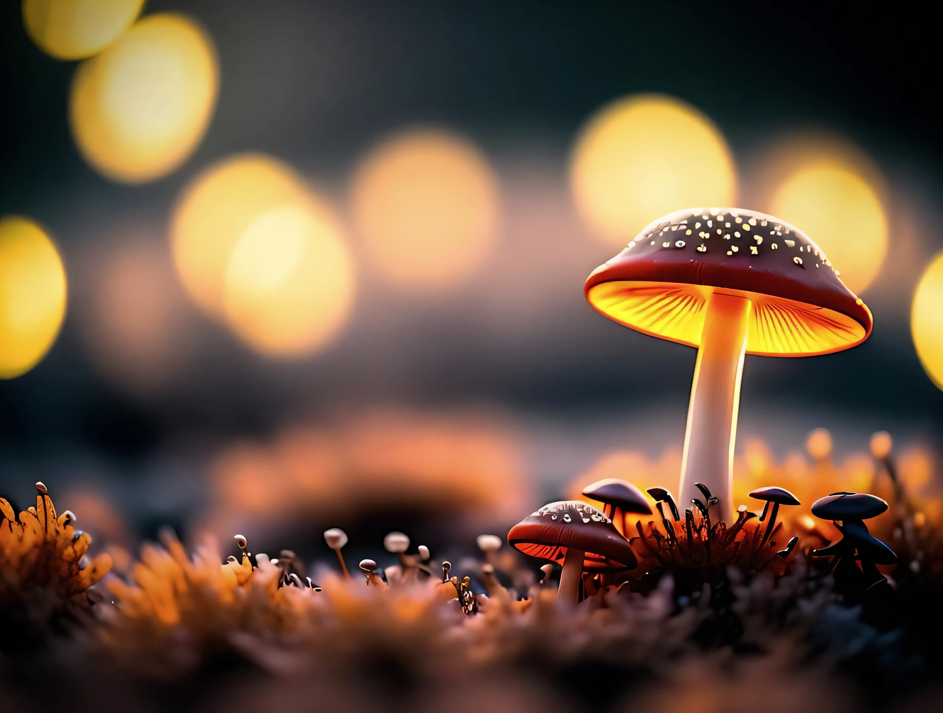 a close up of a mushroom on the ground,
fade, slate gray, orange color lookup, (teal and orange:0.7), cinematic colors, vignette, lowkey, glowing, dark depth of field