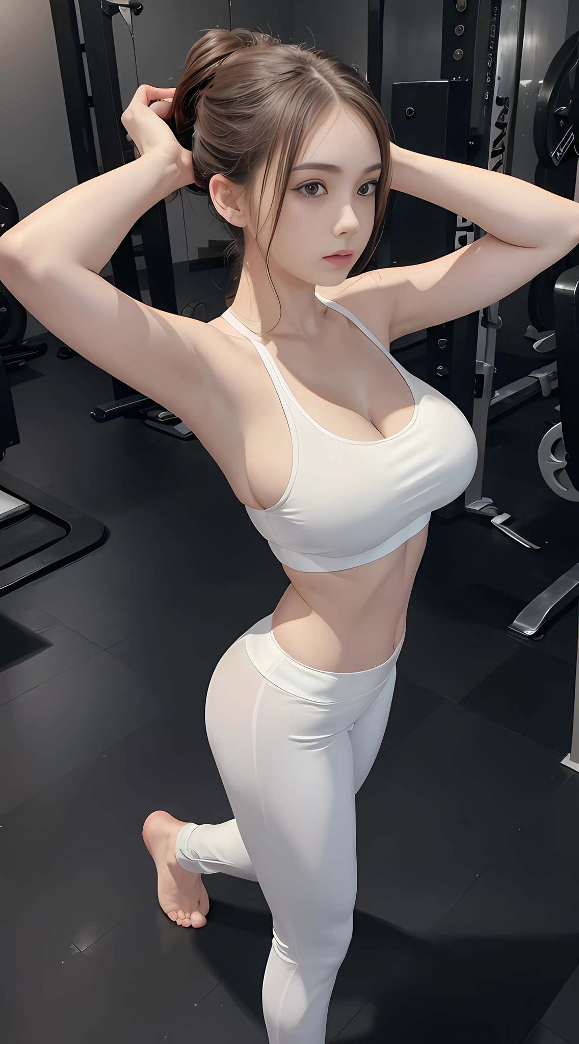 (1girl:1.3), solo, __Body parts__ realistic skin, pale skin, huge breasts, official art, unified 8k wallpaper, super detailed, beauty and aesthetics, beauty, masterpiece, best quality, in a premium gym, fantastic atmosphere, calm color palette, peaceful mood, soft shadows, full body, yoga clothes, sports shorts, sports girl, charm, seduction, sexy figure