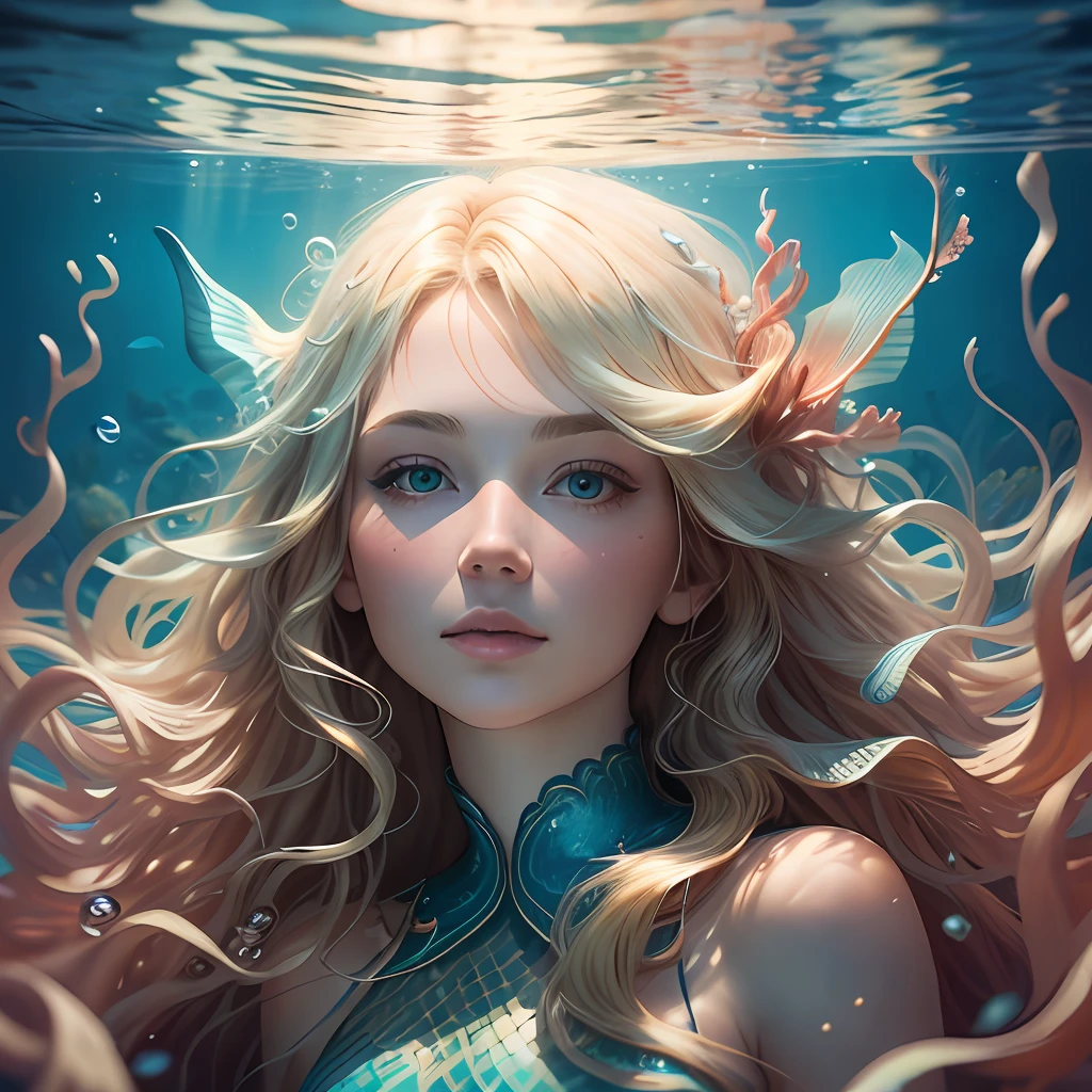 Underwater portrait, mermaid coral reef style, flowing blonde hair, dreamlike, UHD, water goddess