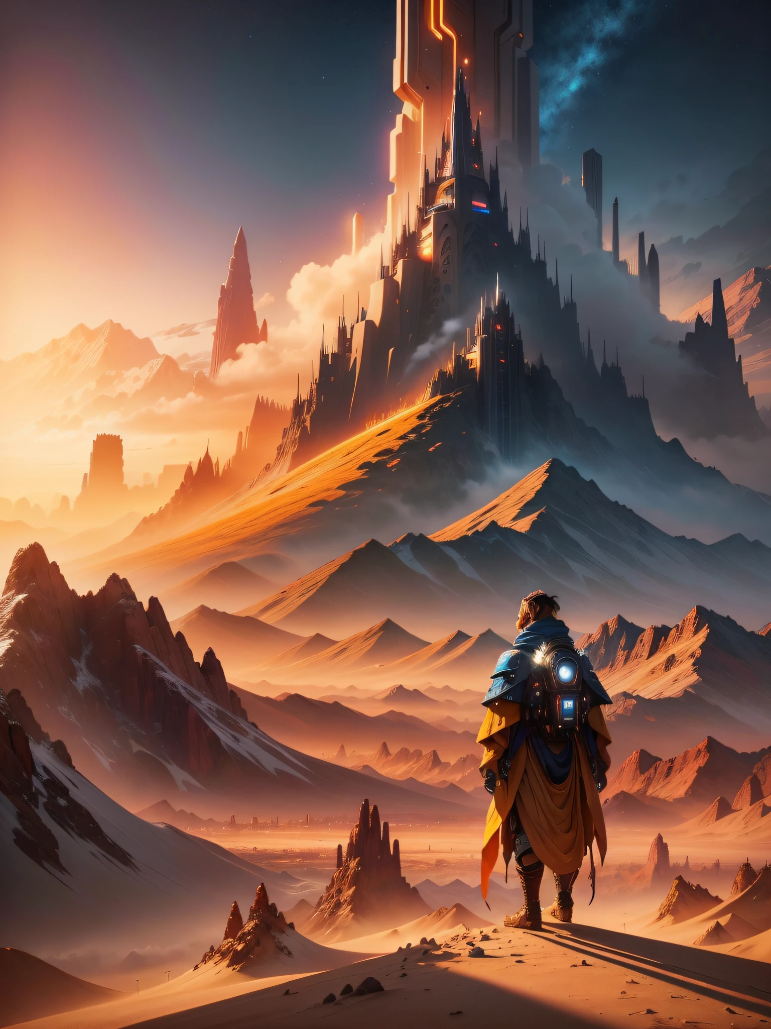 "Mountain at sunset, a futuristic city in the desert as background, low clouds cover mountain, realistic+high intricate details, colorful clothing, full bodies, 16k".