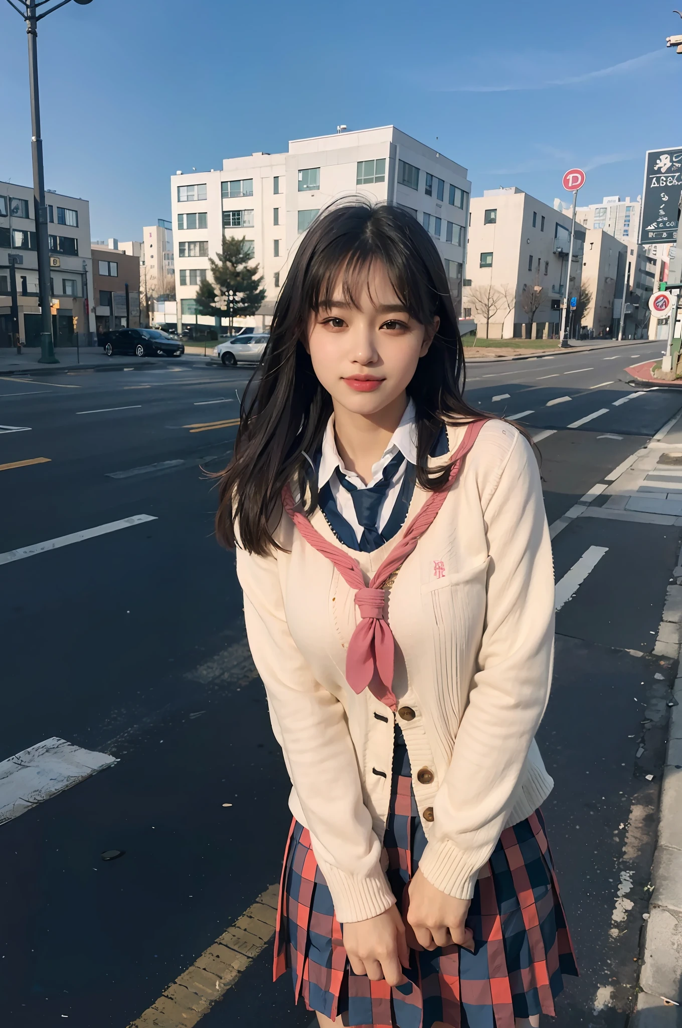 k resolution), (RAW photo), (best quality), (masterpiece: 1.5), (photorealistic: 1.5), (photorealistic)), vibrant detail, ultra-realistic, 1girl, (cute: 1.2)((school uniform)), (((jk)))), road, intersection, big breast,