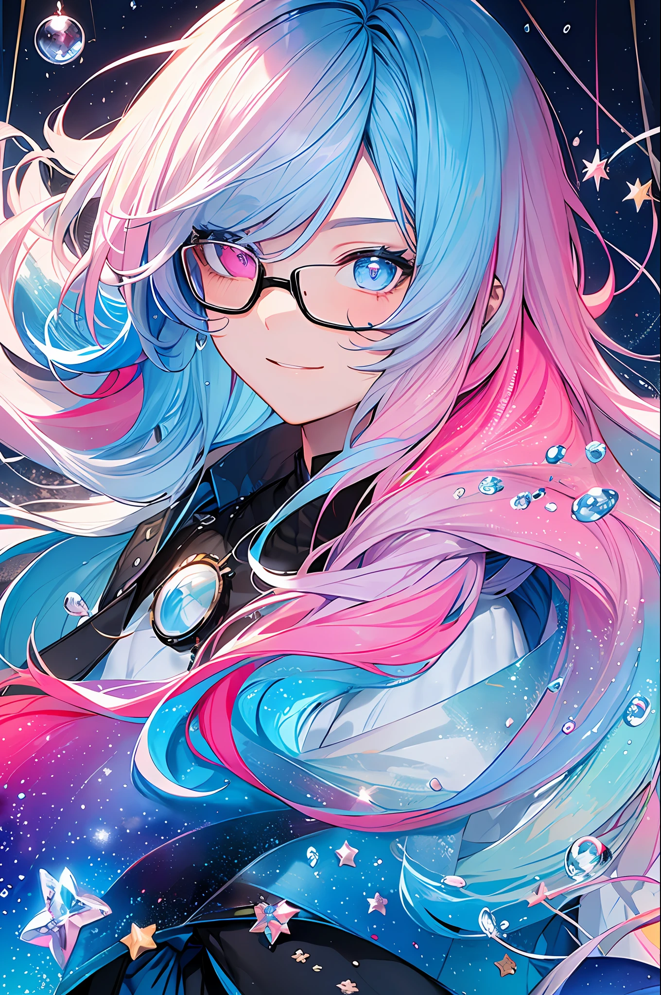 (Masterpiece, Top Quality, Best Quality, Watercolor (Medium), Official Art, Beautiful and Aesthetic: 1.2), (1 Girl: 1.3), (Fractal Art: 1.3), Full Body, Star-shaped Pupil, Watching Viewer, Pattern, (Iridescent Hair, Colorful Hair, Half Blue and Half Pink Hair: 1.2), Water, Liquid, Clouds, Colorful, Starry Sky, Stars, Smile, Glasses, Close-up, Heterochromia, (Colorful: 1.5), Rain, Wet, Red Moon