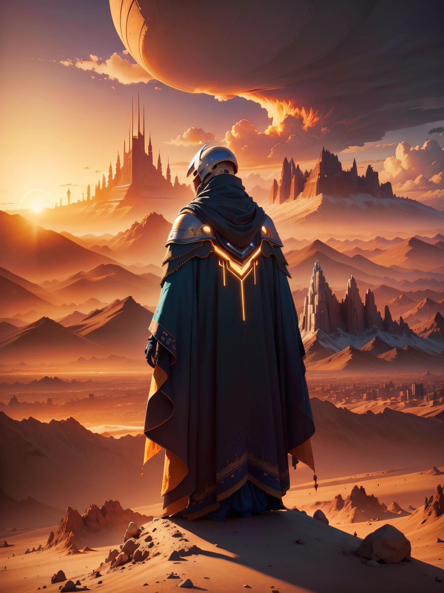 Mountain at sunset the sun is setting, a futuristic city in the desert in the background, low clouds cover the mountain, realistic, high intricate details, colorful clothing, full bodies, 16k