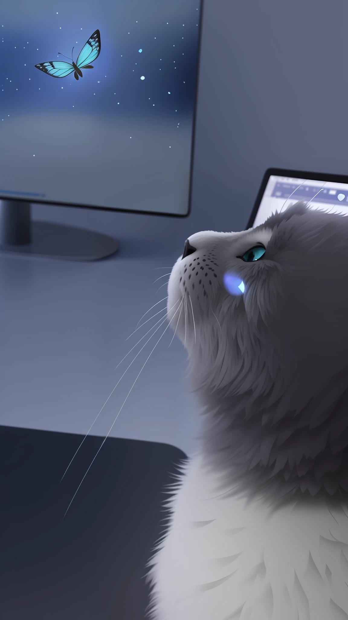 there is a gray and white cat that is looking at a blue butterfly, cat at the table, in front of a butterfly, in front of a laptop looking away from the camera, looking at butterfly, whiskers, looking distracted, sitting at his desk, at a table, proud looking away, looking contented, looking away, is looking at a butterfly, focused on the neck, in a study room in the background, one in the background laptop, dark gray head cat, white body and nose, drawing, art, fantasy, realistic, sheet of paper on the table, study