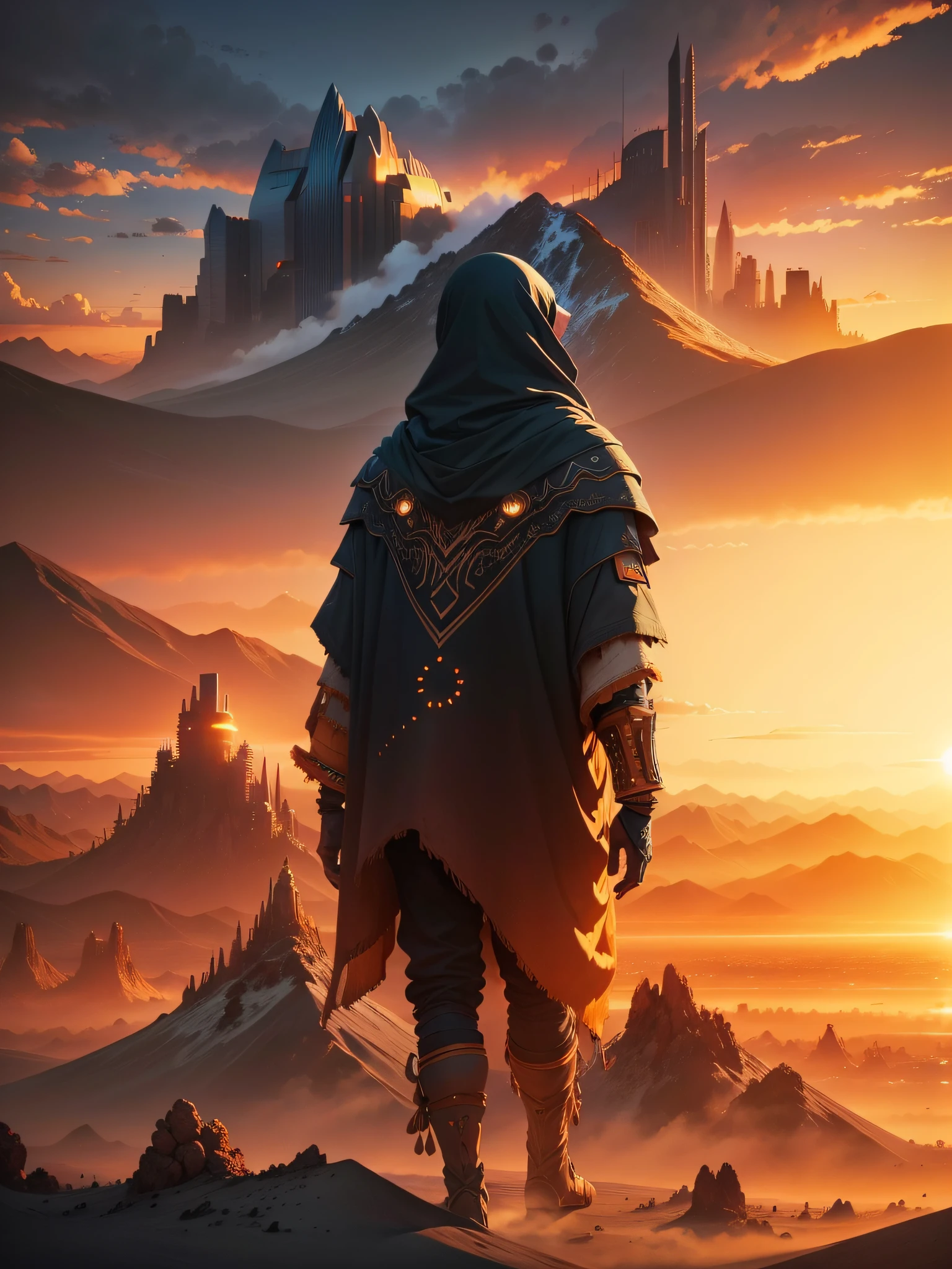 Mountain at sunset the sun is setting, a futuristic city in the desert in the background, low clouds cover the mountain, realistic, high intricate details, colorful clothing, full bodies, 16k