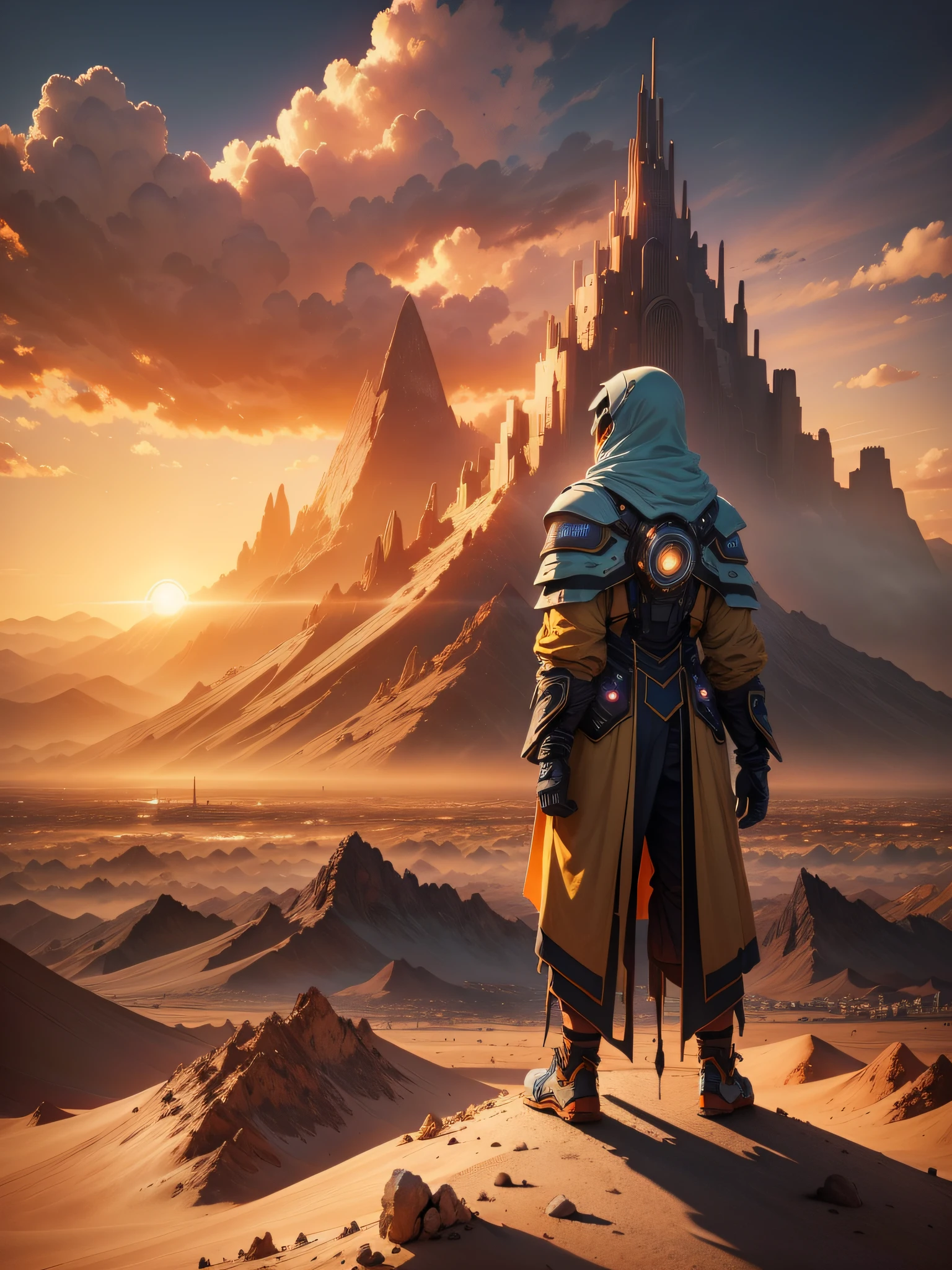Mountain at sunset the sun is setting, a futuristic city in the desert in the background, low clouds cover the mountain, realistic, high intricate details, colorful clothing, full bodies, 16k