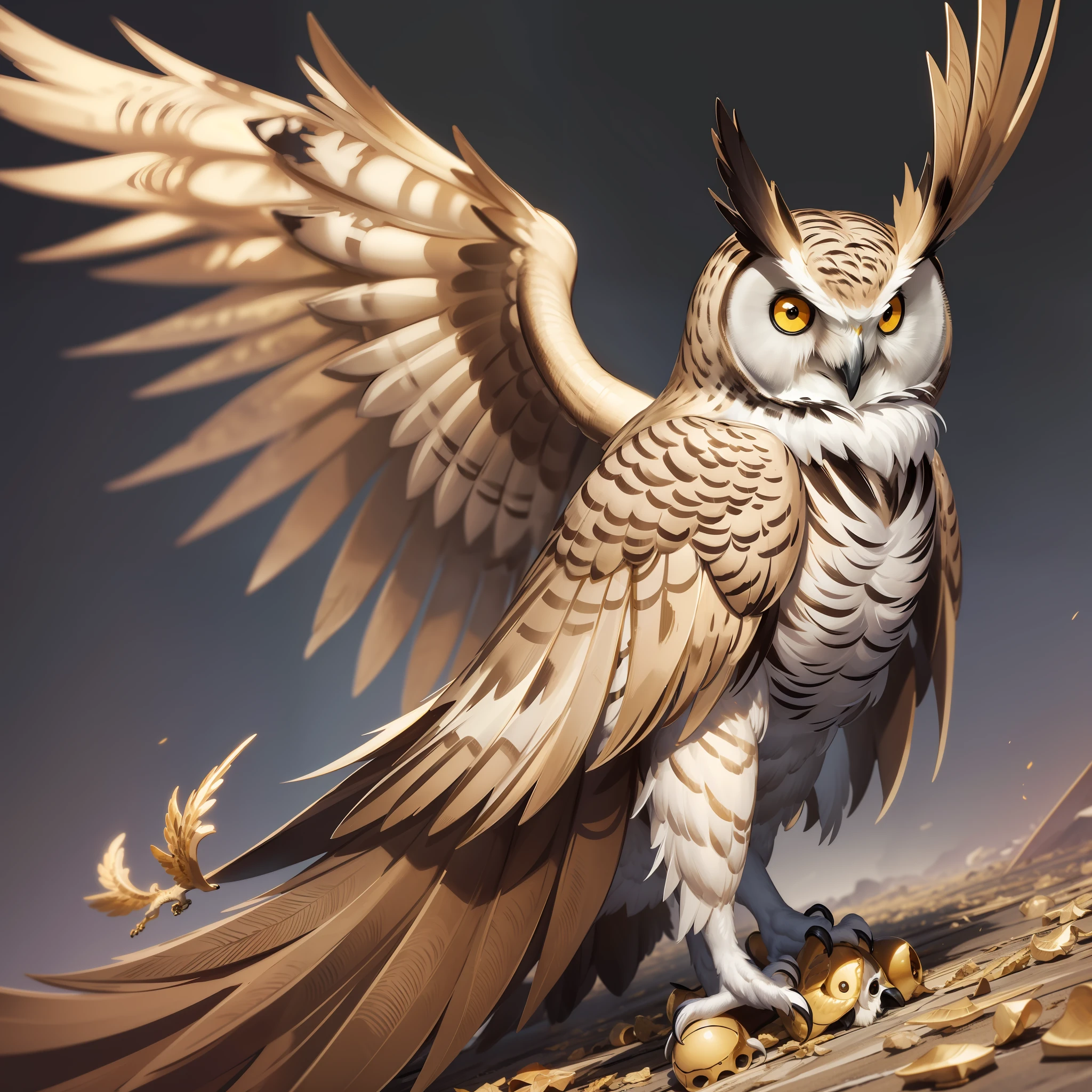Realistic owl (high definition), with detahes in gold, stepping on a human skull of bone (ultra reslista), real color of an owl, and two rifles crossed under his feet, 8K, real