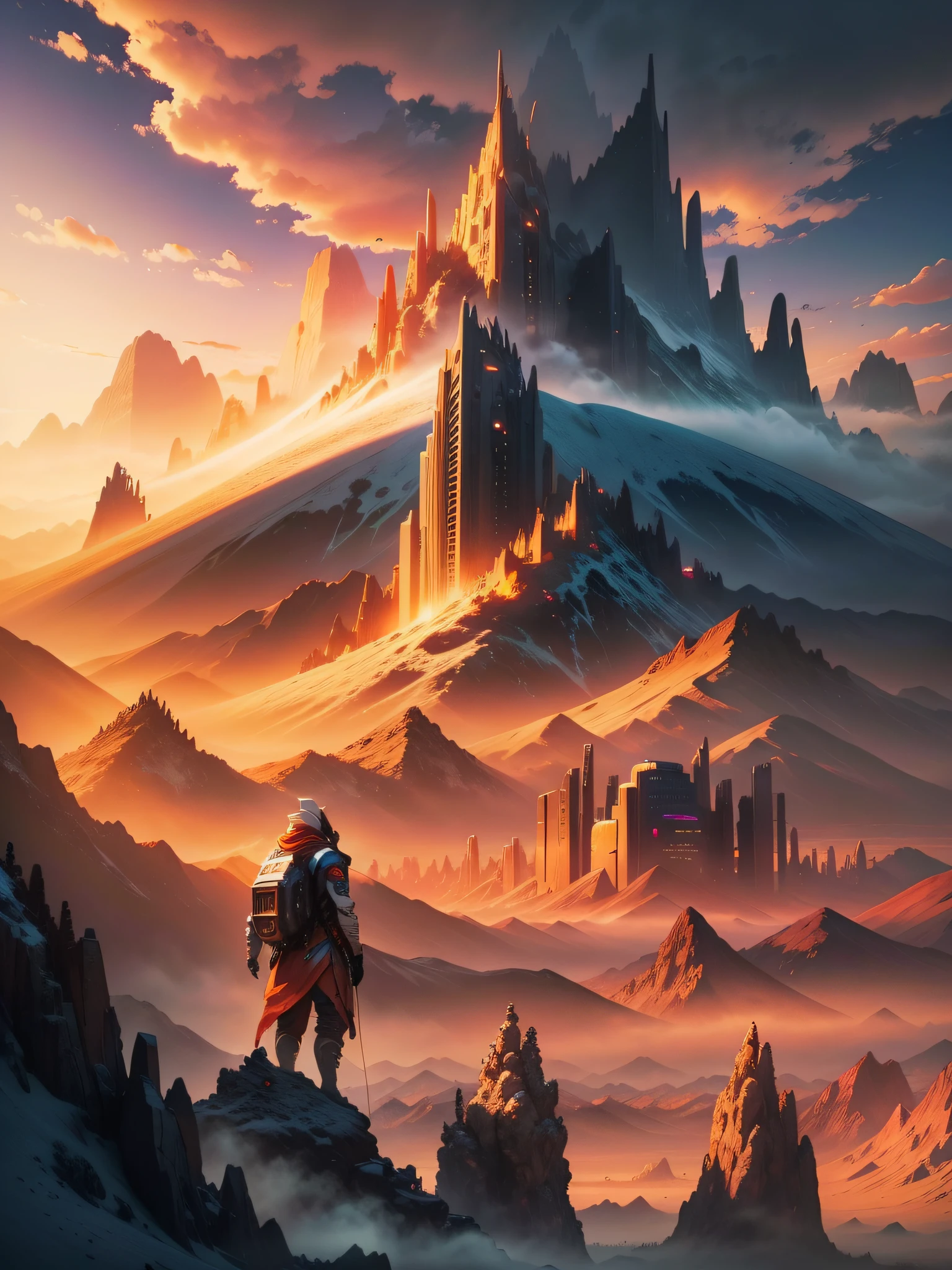 "Mountain at sunset, a futuristic city in the desert as background, low clouds cover mountain, realistic+high intricate details, colorful clothing, full bodies, 16k".