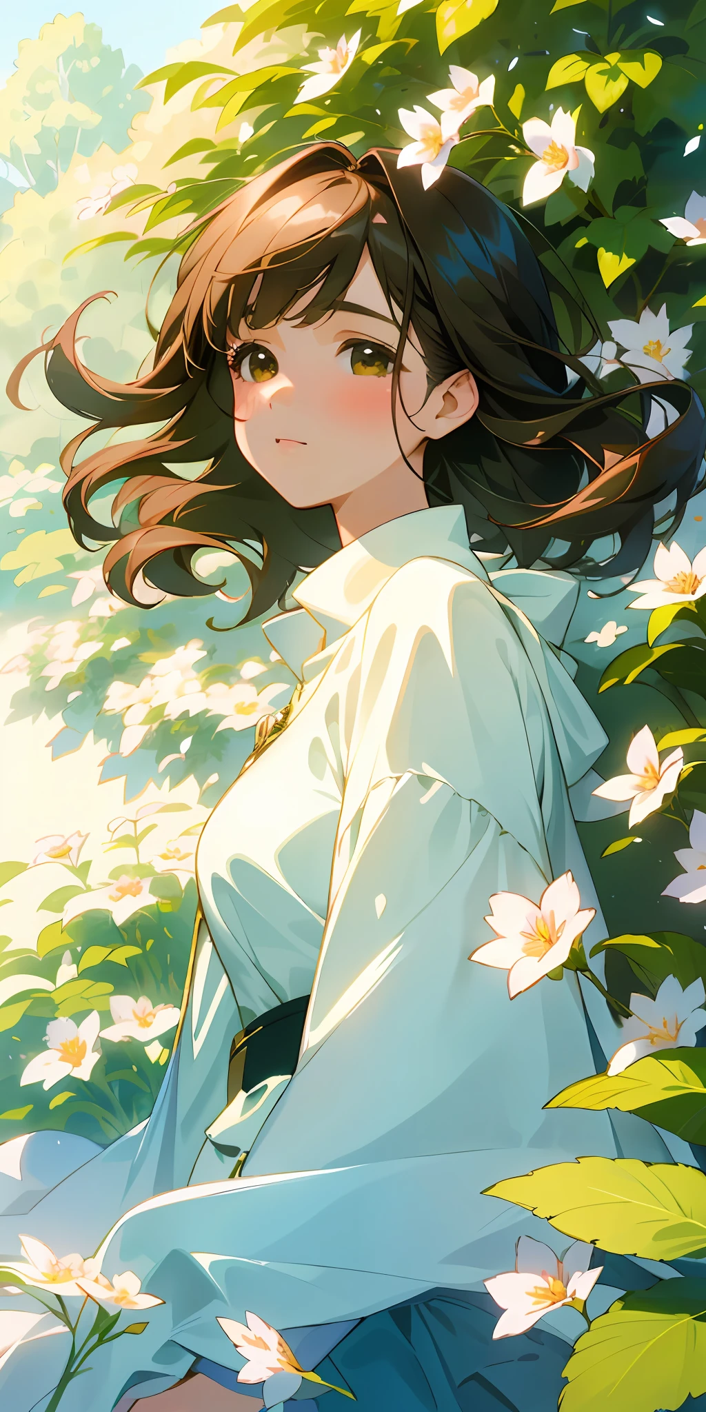 (top quality, masterpiece, ultra-realistic), one beautiful delicate portrait of a girl with a soft and peaceful look, the landscape in the background is a garden with petals and leaves flying around. --v6