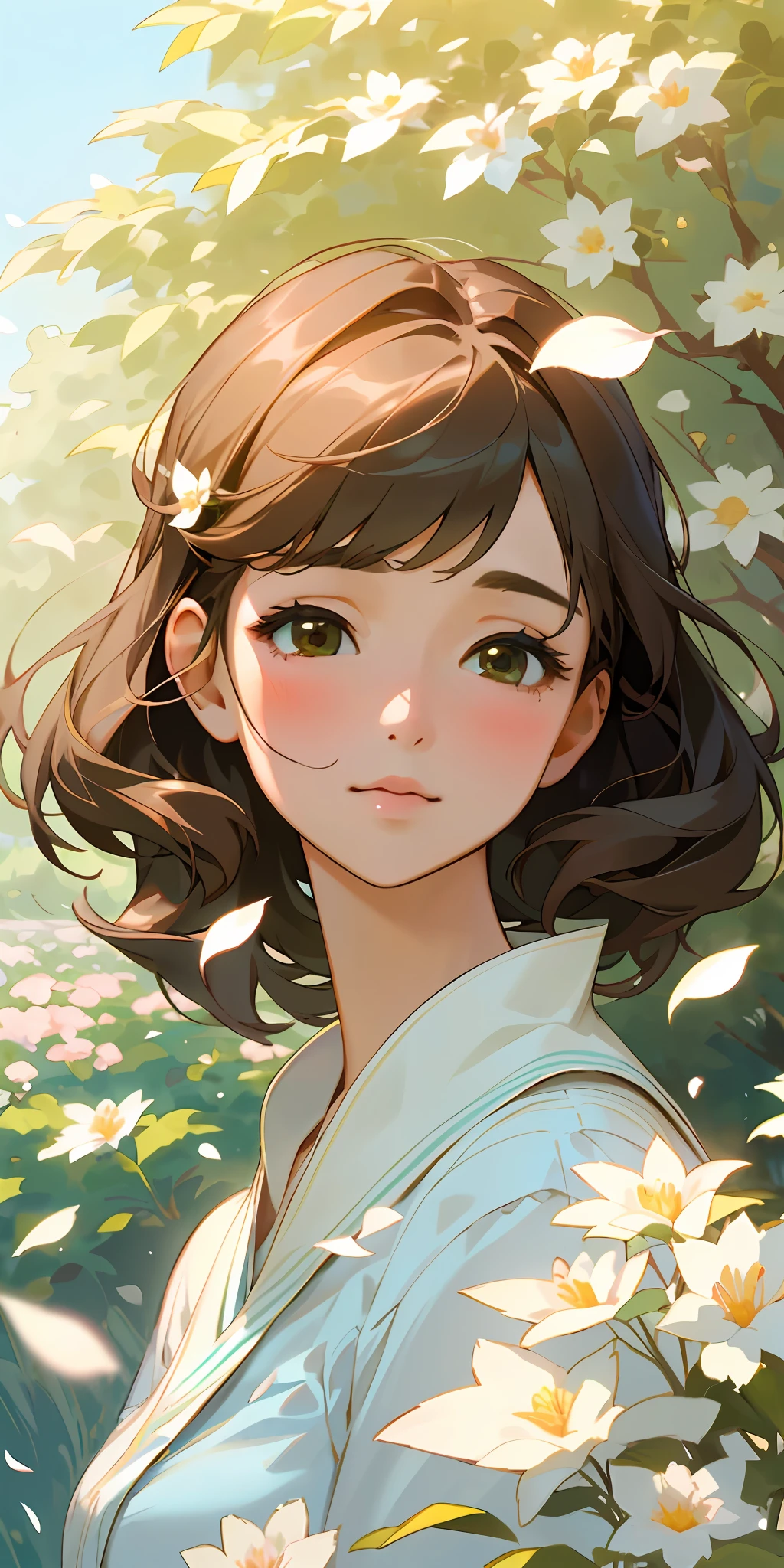 (top quality, masterpiece, ultra-realistic), one beautiful delicate portrait of a girl with a soft and peaceful look, the landscape in the background is a garden with petals and leaves flying around. --v6