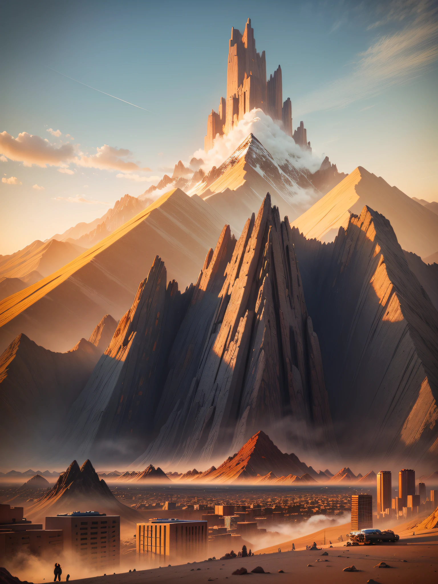 "Mountain at sunset, a futuristic INCA city in the desert as background, low clouds cover the mountain, realistic details + high and intricate, 16k."