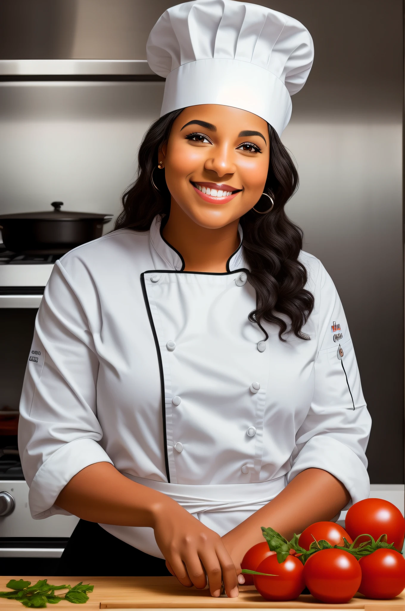 smiling black woman in chef uniform cutting tomatoes on a cutting board, black skin woman wearing white chef hat, best chef, happy chef, cooking show, culinary art photography, cook, dressed as a pastry chef, cooking, high quality portrait, in a kitchen, food stylist, detailed portrait, professional illustration, cooked,  African cuisine ameera al taweel, fanart