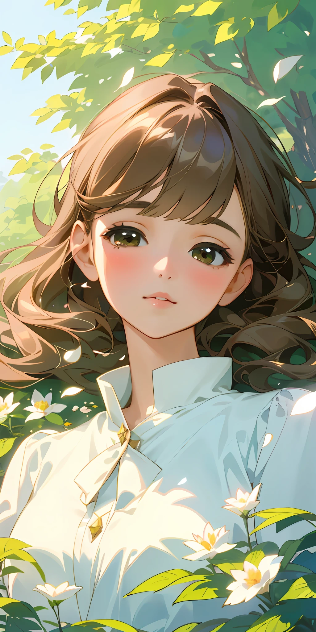 (top quality, masterpiece, ultra-realistic), one beautiful delicate portrait of a girl with a soft and peaceful look, the landscape in the background is a garden with petals and leaves flying around. --v6