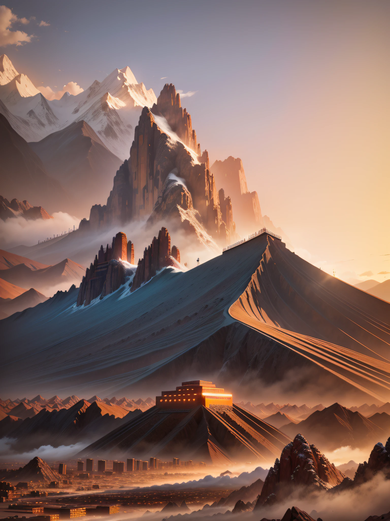 "Mountain at sunset, a futuristic INCA city in the desert as background, low clouds cover the mountain, realistic details + high and intricate, 16k."