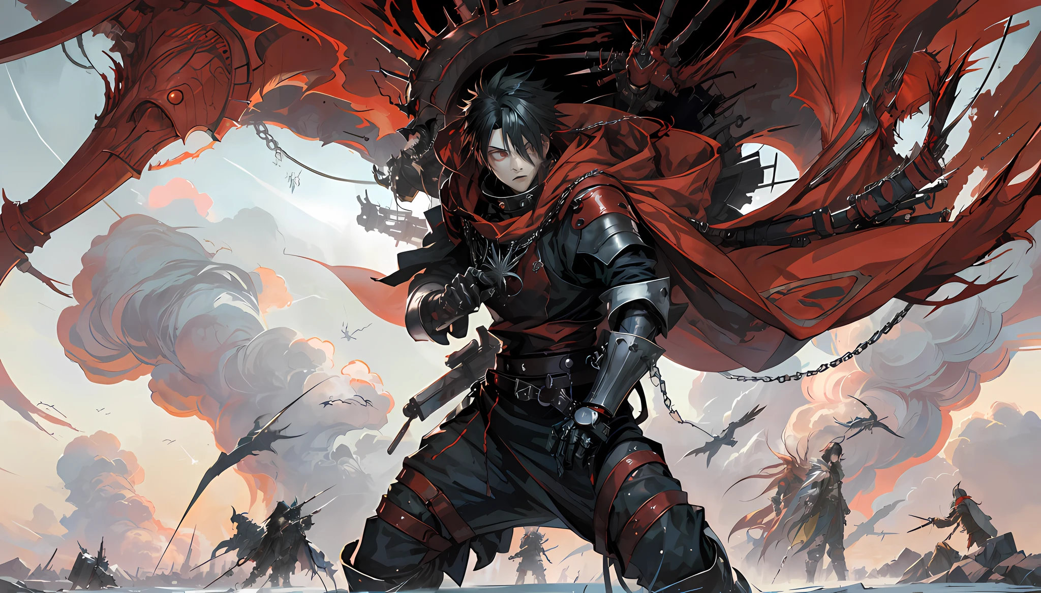 Anime - Style illustration of a man with a red cloak and a sword, Badass Anime 8 K, 2. 5 d CGI Anime Fantasy Artwork, Krenz Cushart and Wenjun Lin, Epic Fantasy Digital Art Style, Anime Epic Artwork, Anime Fantasy Artwork, by Yang J, Anime Fantasy Illustration, 4K Manga Wallpaper, Epic Anime Fantasy, Gungrave