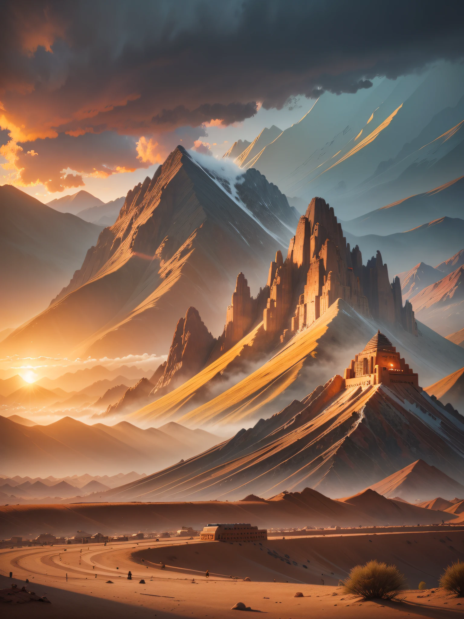 "Mountain at sunset, a futuristic INCA city in the desert as background, low clouds cover the mountain, realistic details + high and intricate, 16k."