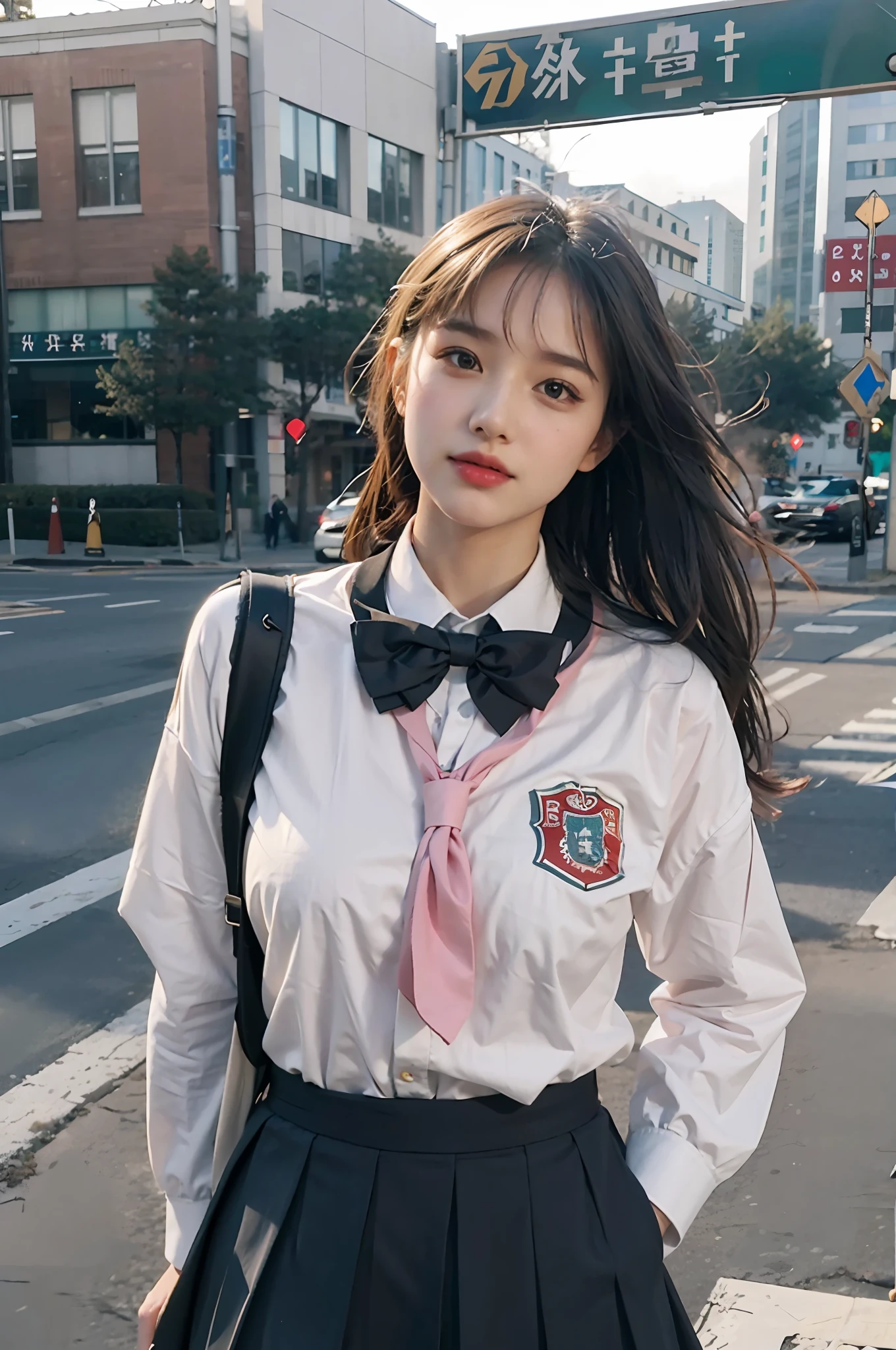 k resolution), (RAW photo), (best quality), (masterpiece: 1.5), (photorealistic: 1.5), (photorealistic)), vibrant detail, ultra-realistic, 1girl, (cute: 1.2)((school uniform)), (((jk)))), road, intersection, big breast,