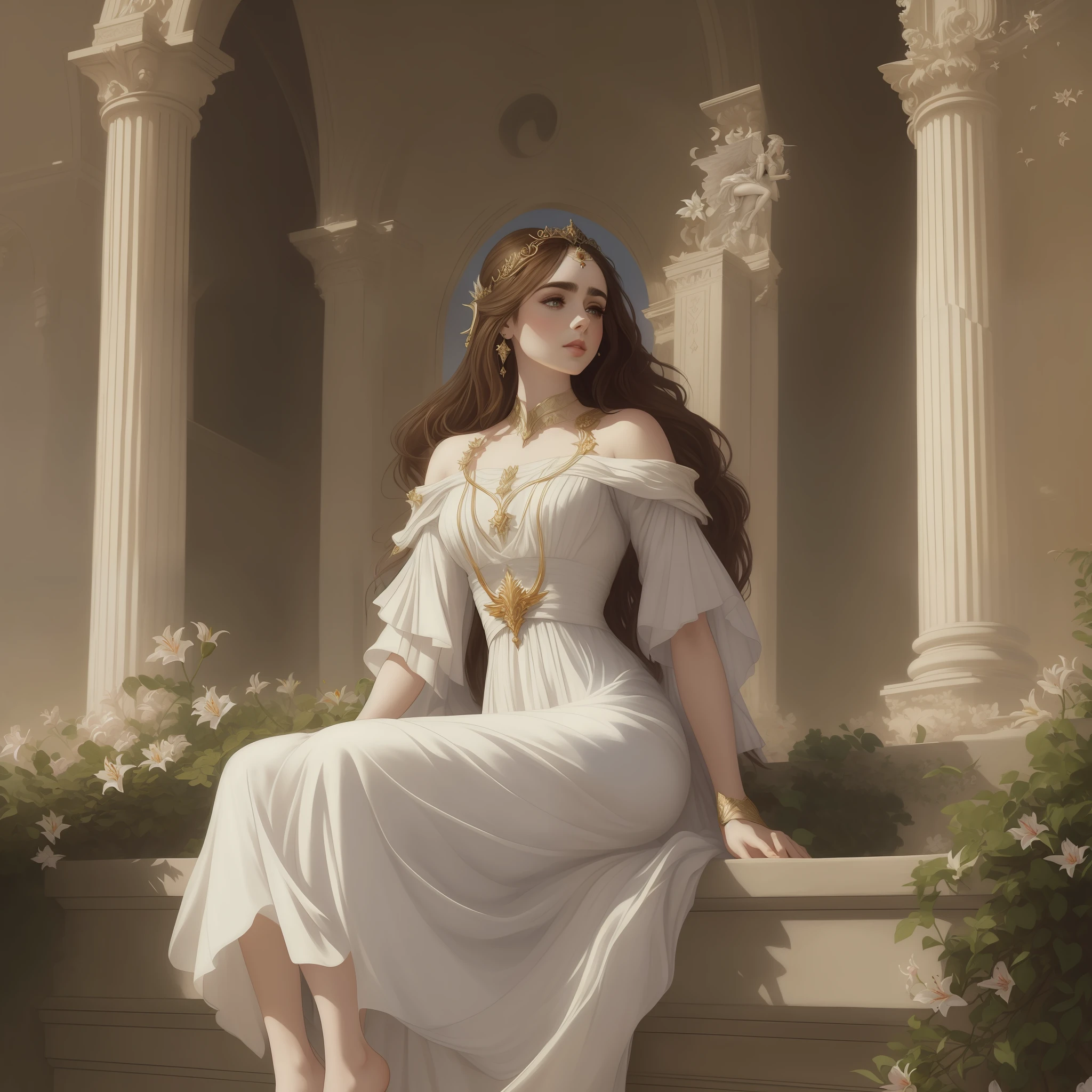 there is a Lily Collins sitting on a ledge in a white dress, inspired by Alexandre Cabanel, realistic fantasy illustration, inspired by Magali Villeneuve, elegant cinematic fantasy art, charlie bowater character art, alexandra fomina art, the goddess hestia, charlie bowater art style, portrait of a beautiful goddess, beautiful character painting, ((a beautiful fantasy empress))