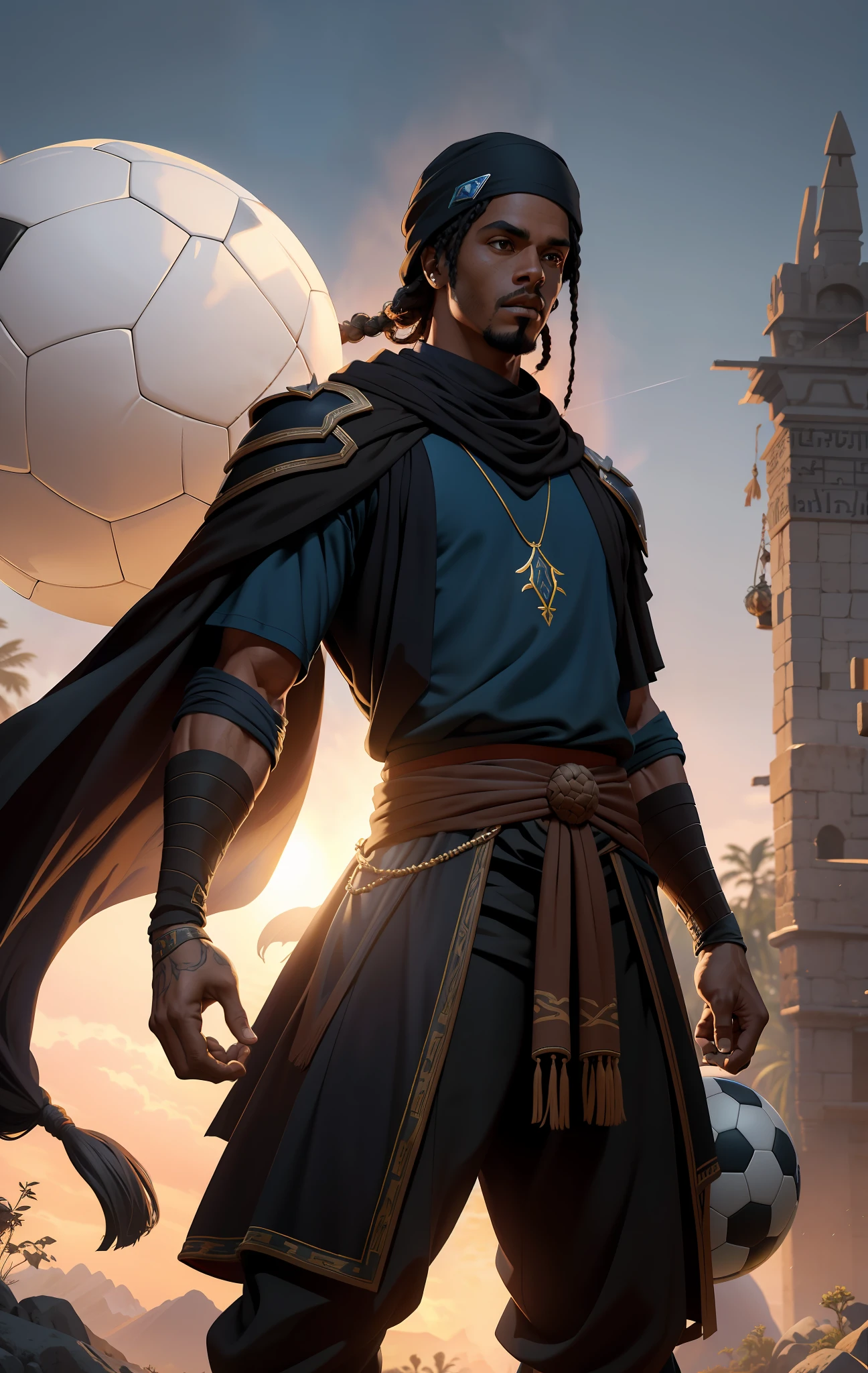 Ronaldinho gaucho holding a soccer ball in his hand, rays coming out of the soccer ball, Dark Fantasy Tech Demo, Cinematic CG Game,
 Duneweaver, Arab, handsome man, cloak like garment, mystery
 , cinematic rendering, high dynamic range, RAW photo, (unreal engine), aesthetic, intricate, caustic, light rays, sunlight