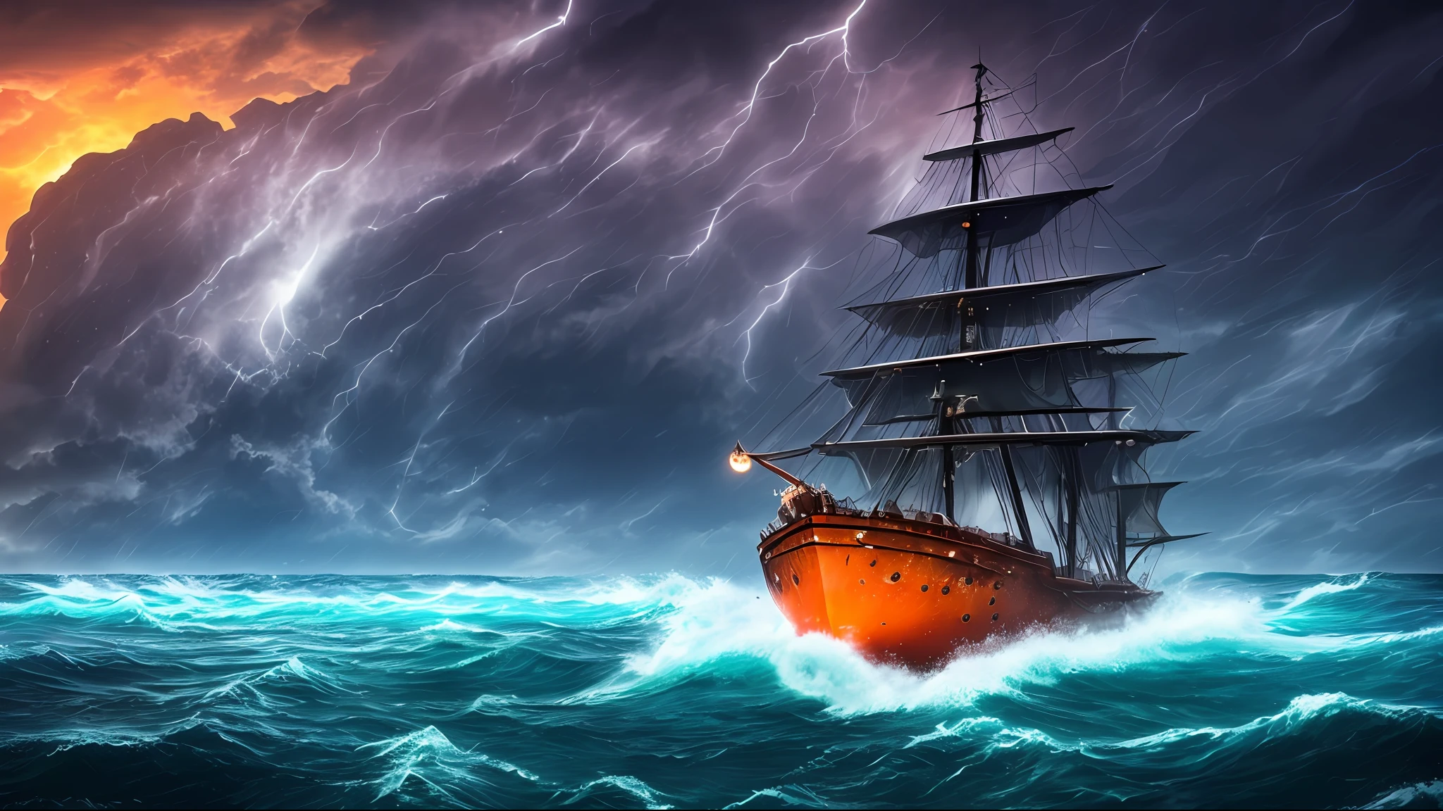 The ship is in the center of the ocean, dark night, violent storms, HD, mermaid, orange thunder background, best quality, some rocks around, rocks, best ship, mermaid on ocean, best mermaid, 16k, big ship,