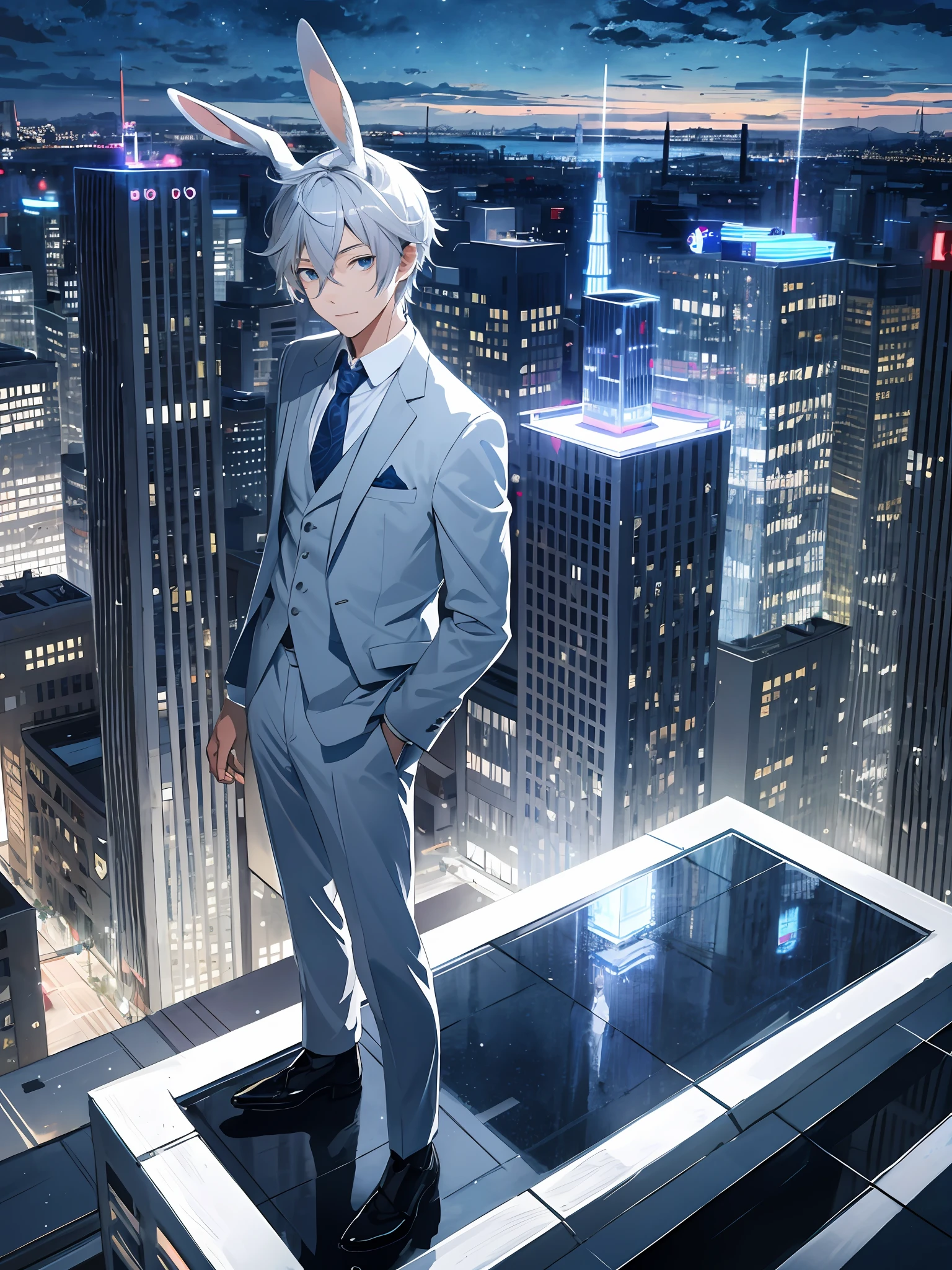 Illustration style, cute boy, silver-haired blue-eyed rabbit ears, solo, standing on the rooftop and enjoying the night view in suit