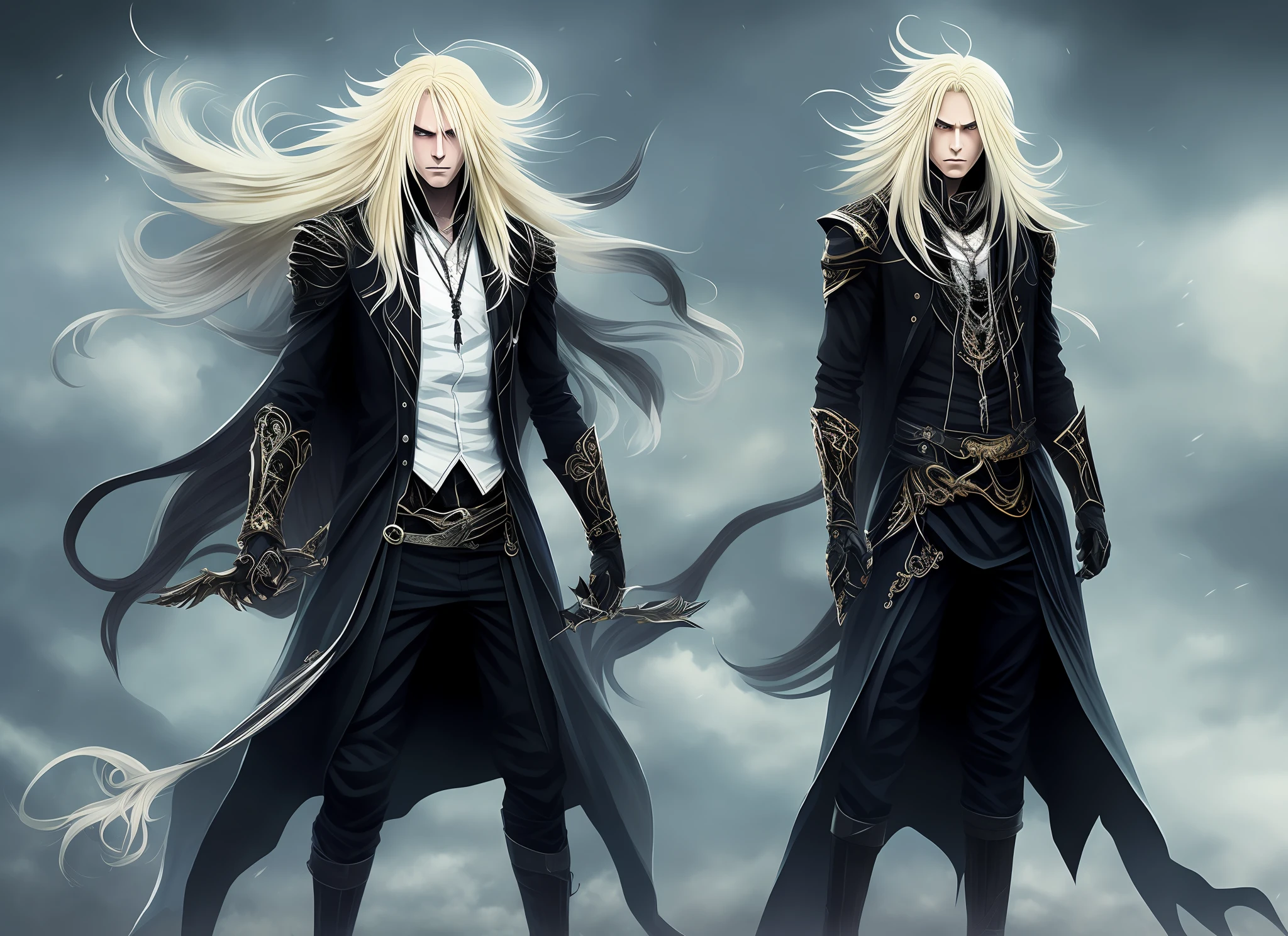 Anime, male, blonde hair, long hair, black weather, gothic, full body, shadow power, straight hair, tidy, royalty