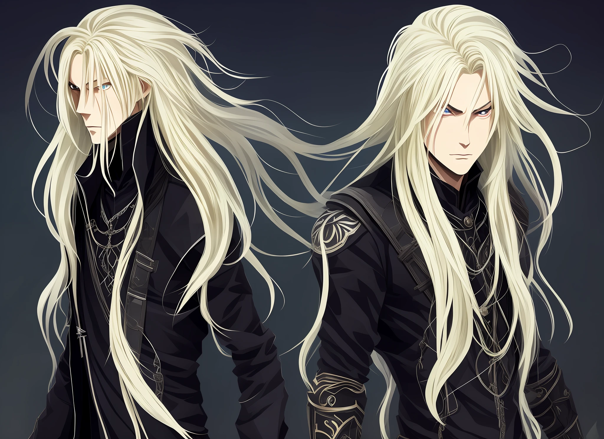 Anime, male, blonde hair, long hair, black weather, gothic, full body, shadow power, straight hair, tidy, royalty