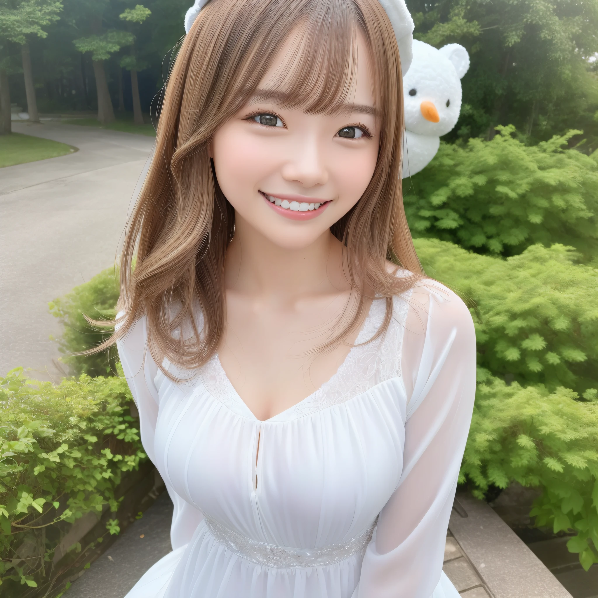 best quality, ultra high res, (photorealistic: 1.4), 8k resolution, girl, (random hair: 1.3), (realistic hair: 1.2), (chinese girl: 1.2), (realistic eyes: 1.2), (beauty face: 1.3), perfect body, white pink skin, medium chest, neckline, (happy face smile: 1.2), (((happy smile))), (looking at viewer), (wet dress: 1.2), snowman, falling snow, polar bear,