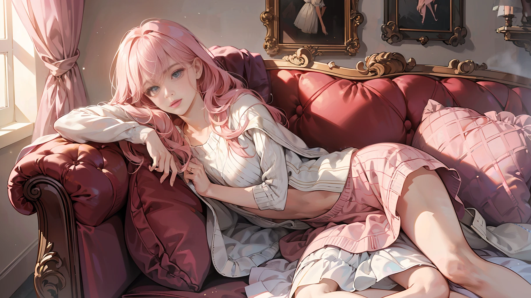 High resolution, highest quality, illustration, super detailed, (detailed face), (detailed eyes), soft lighting, best quality, hazy light, dreamy atmosphere, super detailed, masterpiece, 1 girl, solo, long pink hair, white T-shirt, skirt, knitwear, bright eyes, middle chest, (coloured), high-end room, sofa, red wine --auto --s2