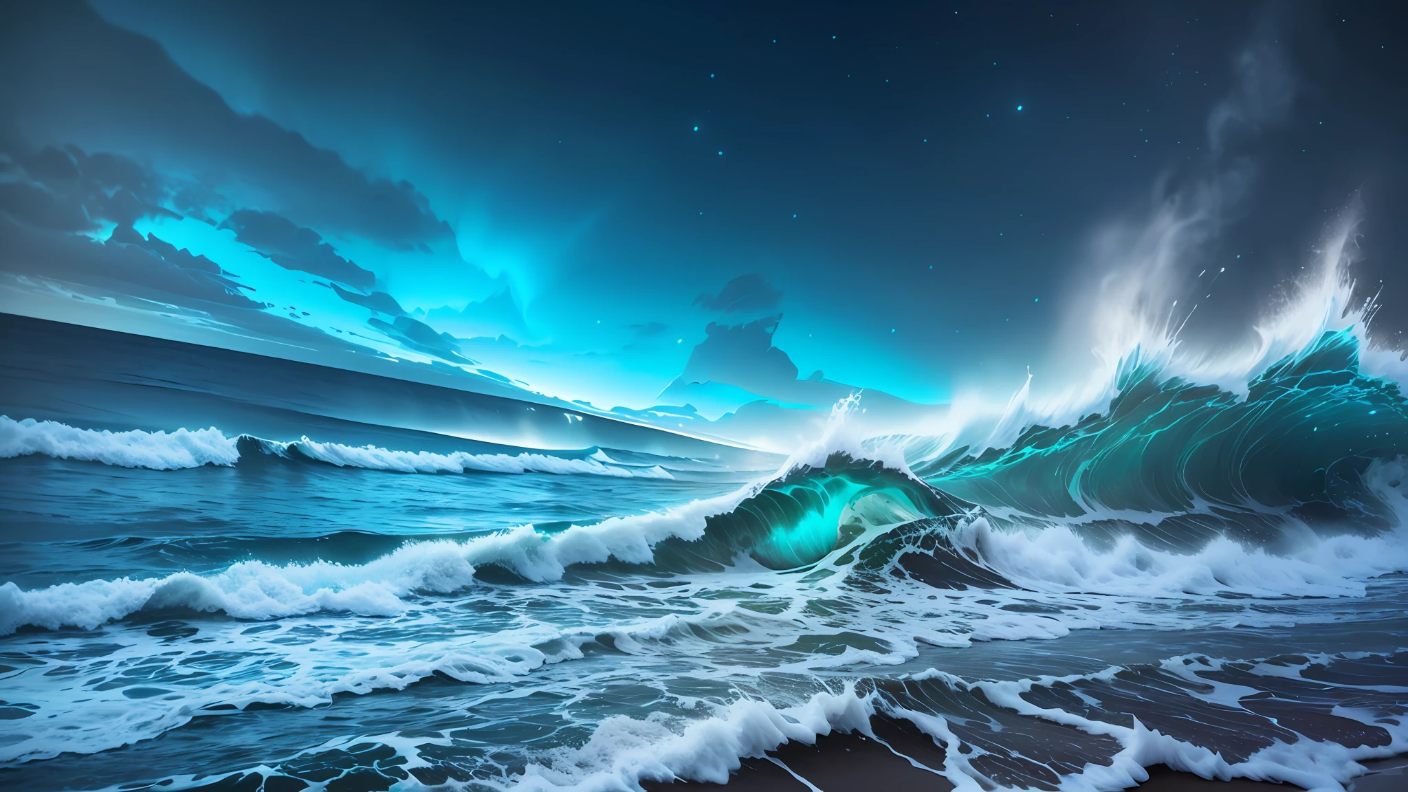 A photorealistic photo of a bioluminescent beach and bioluminescent ocean waves at night taken by DSLR, Canon EOS 5D Mark IV, paired with a suitable lens sharp focushighly detailed RAW photo shutterstock masterpiece professional photo highest quality award winning photo --auto --s2