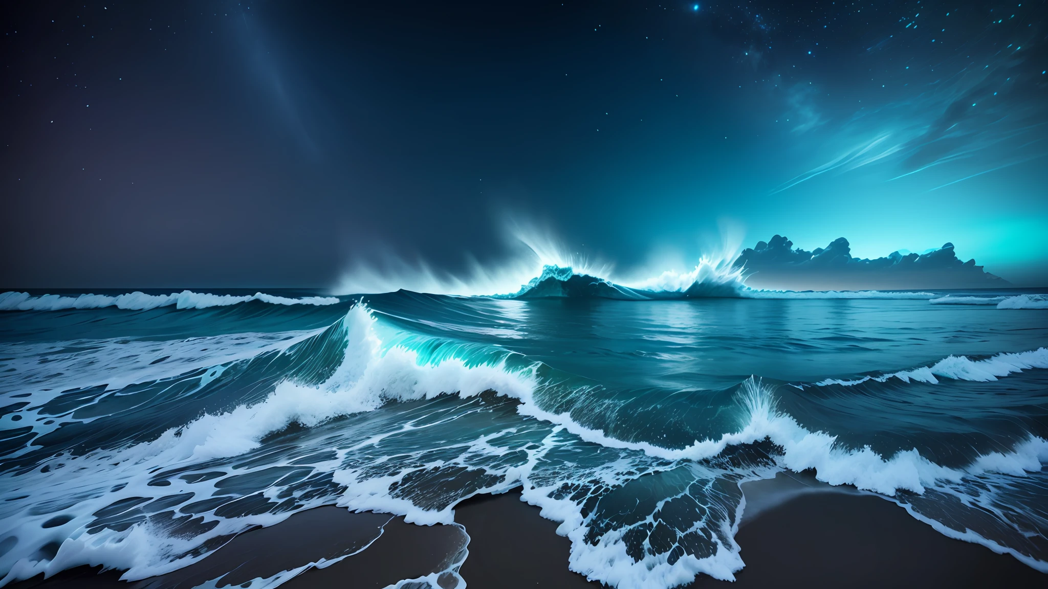 A photorealistic photo of a bioluminescent beach and bioluminescent ocean waves at night taken by DSLR, Canon EOS 5D Mark IV, paired with a suitable lens sharp focushighly detailed RAW photo shutterstock masterpiece professional photo highest quality award winning photo --auto --s2