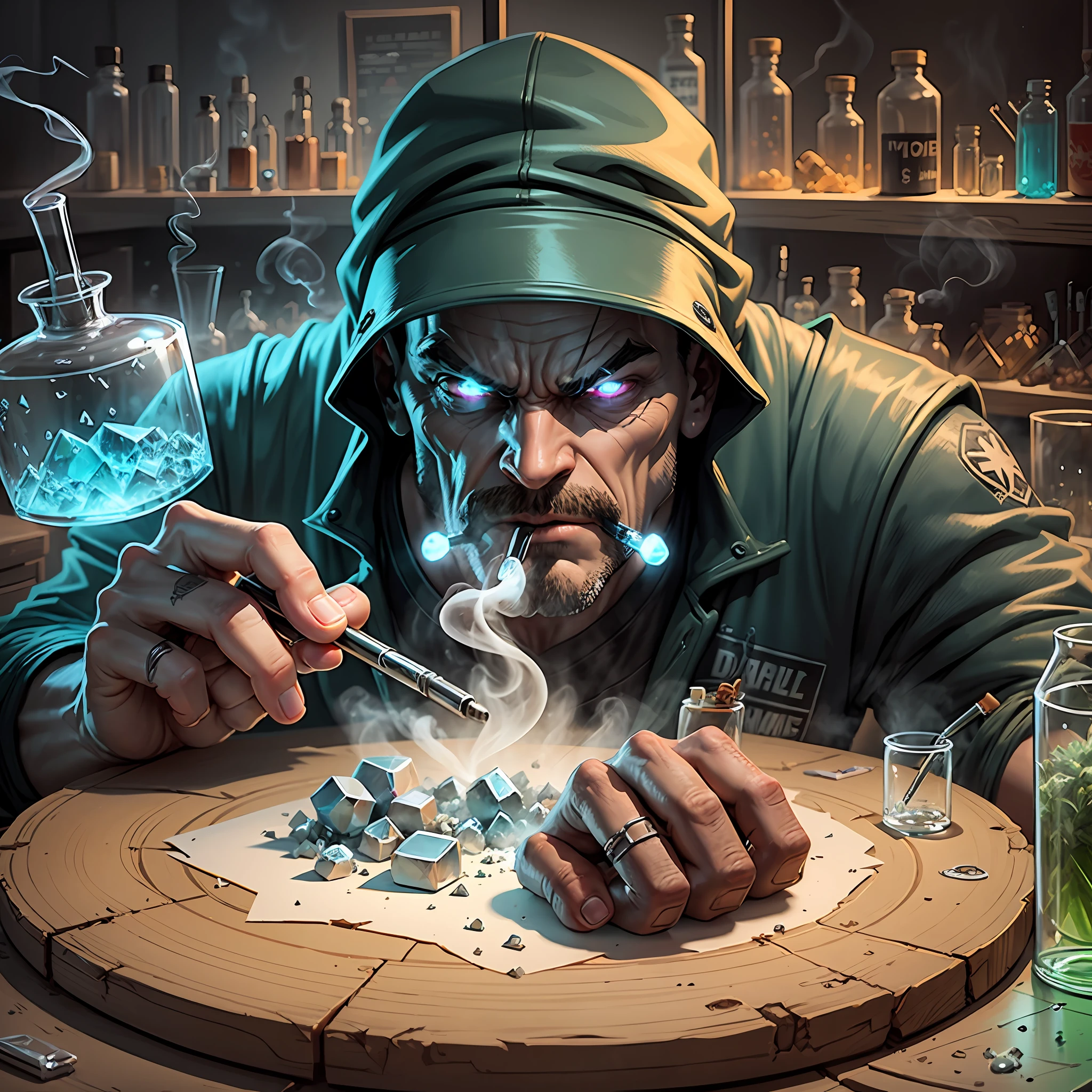 crystal crystal methamphetamine cartoon,smoking crystal,strong man dc villain style,chemical lab style scenarios,quite detailed scenery,cannabis smoking equipment