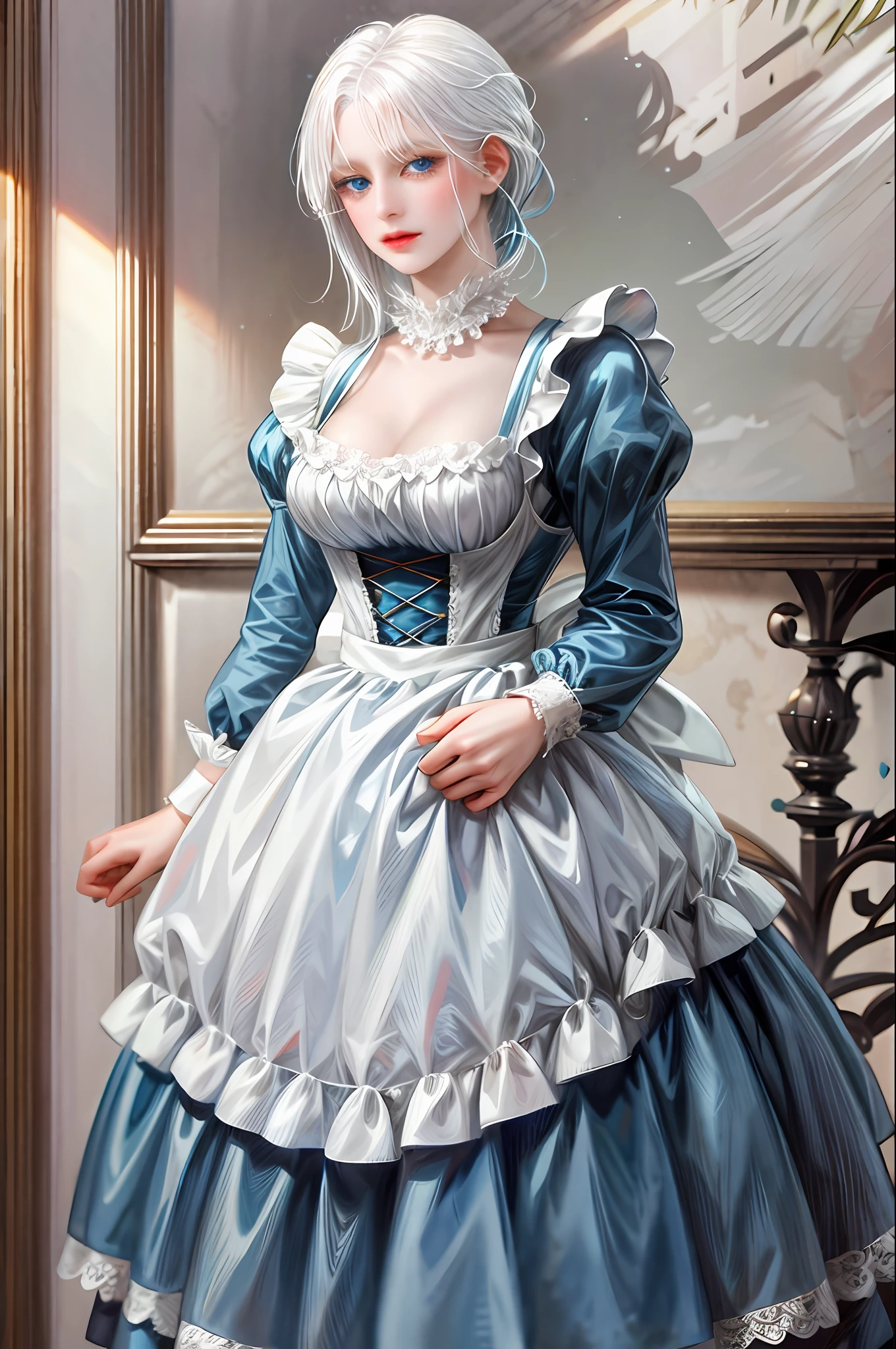 White-haired girl with fringed blue eyes and maid costume