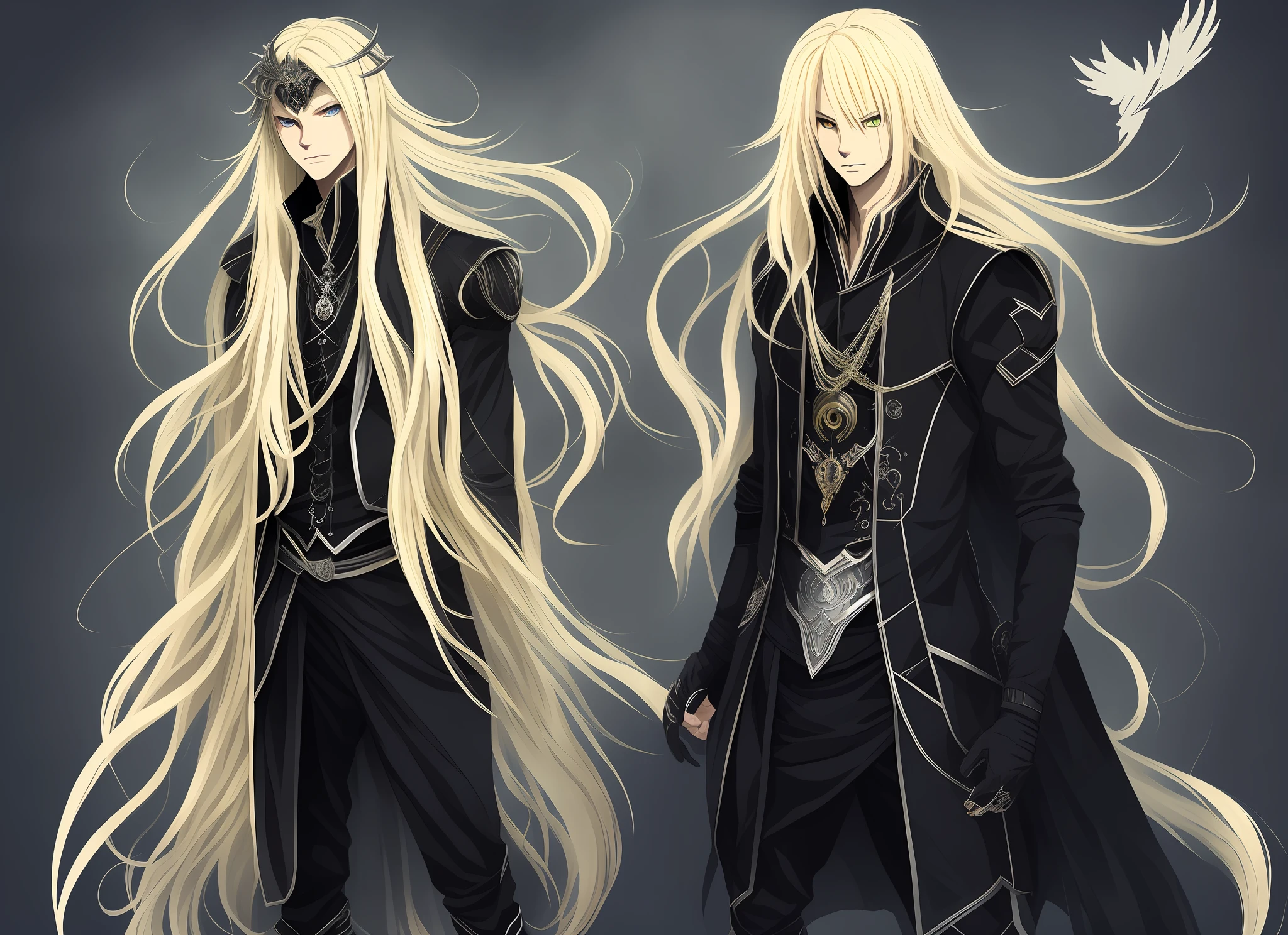 Anime, male, blonde hair, long hair, black weather, gothic, full body, shadow power, straight hair, tidy, royalty, young