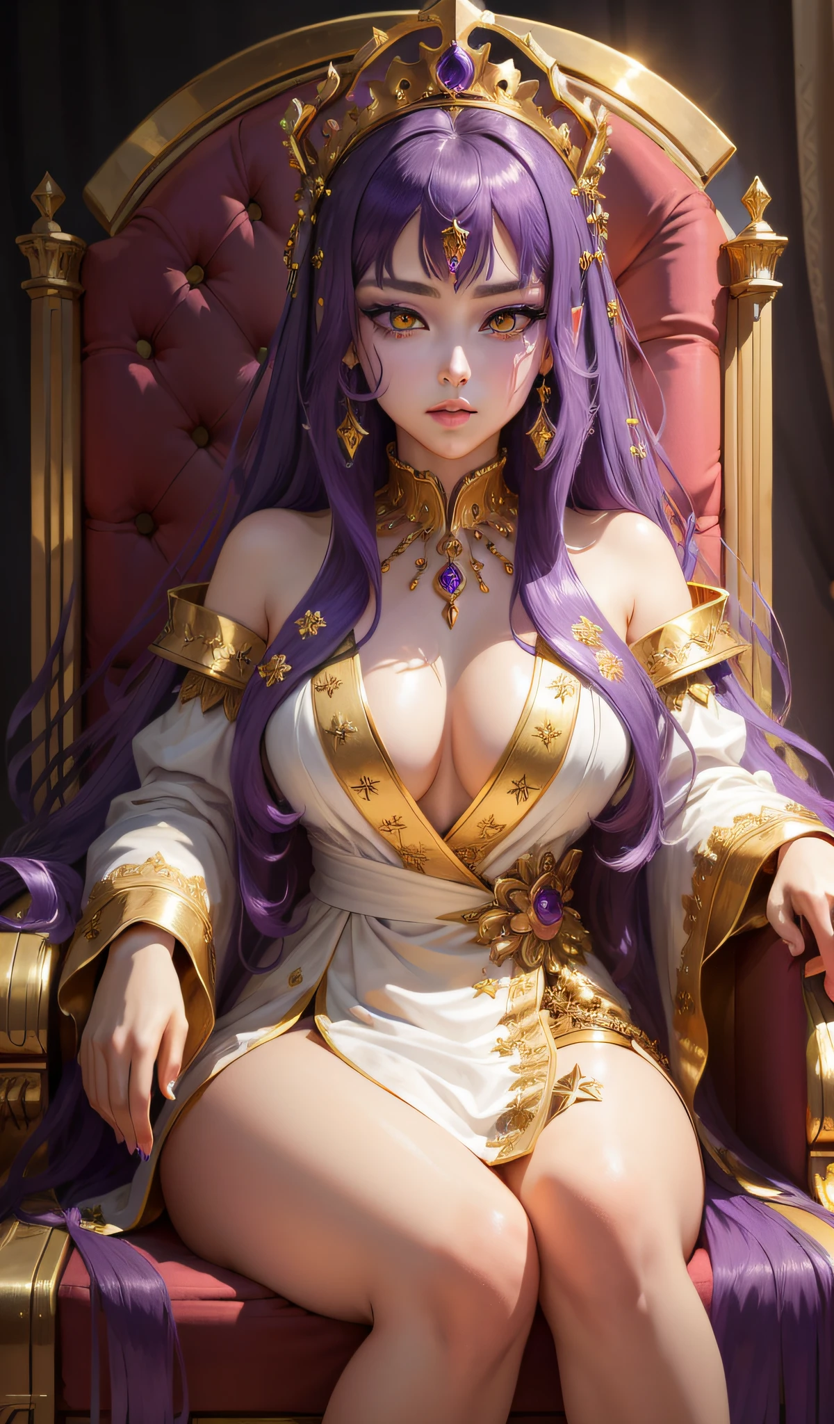 (((Masterpiece)))), better quality, a majestic queen sitting on a golden throne with golden details in a white dress, ((((lifeless eyes)))), 22 years old, adult face, long hair, large breasts, big mouth lips, ((purple hair, purple eyes, expression of deep depression)), long eyelashes
